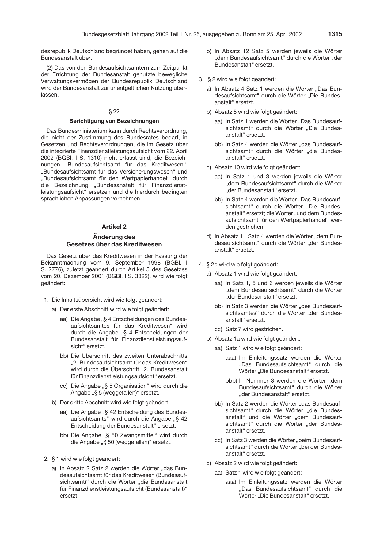 BGBl. 2002, Seite 1315 — Originalseite als Abbildung