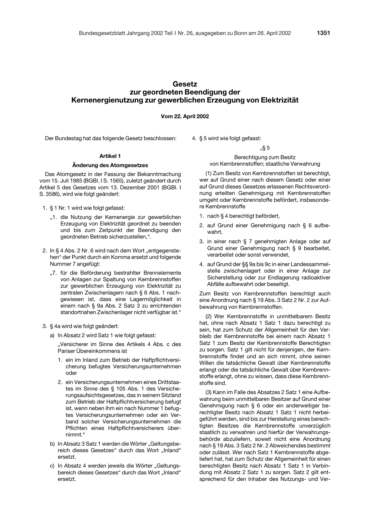 BGBl. 2002, Seite 1351 — Originalseite als Abbildung