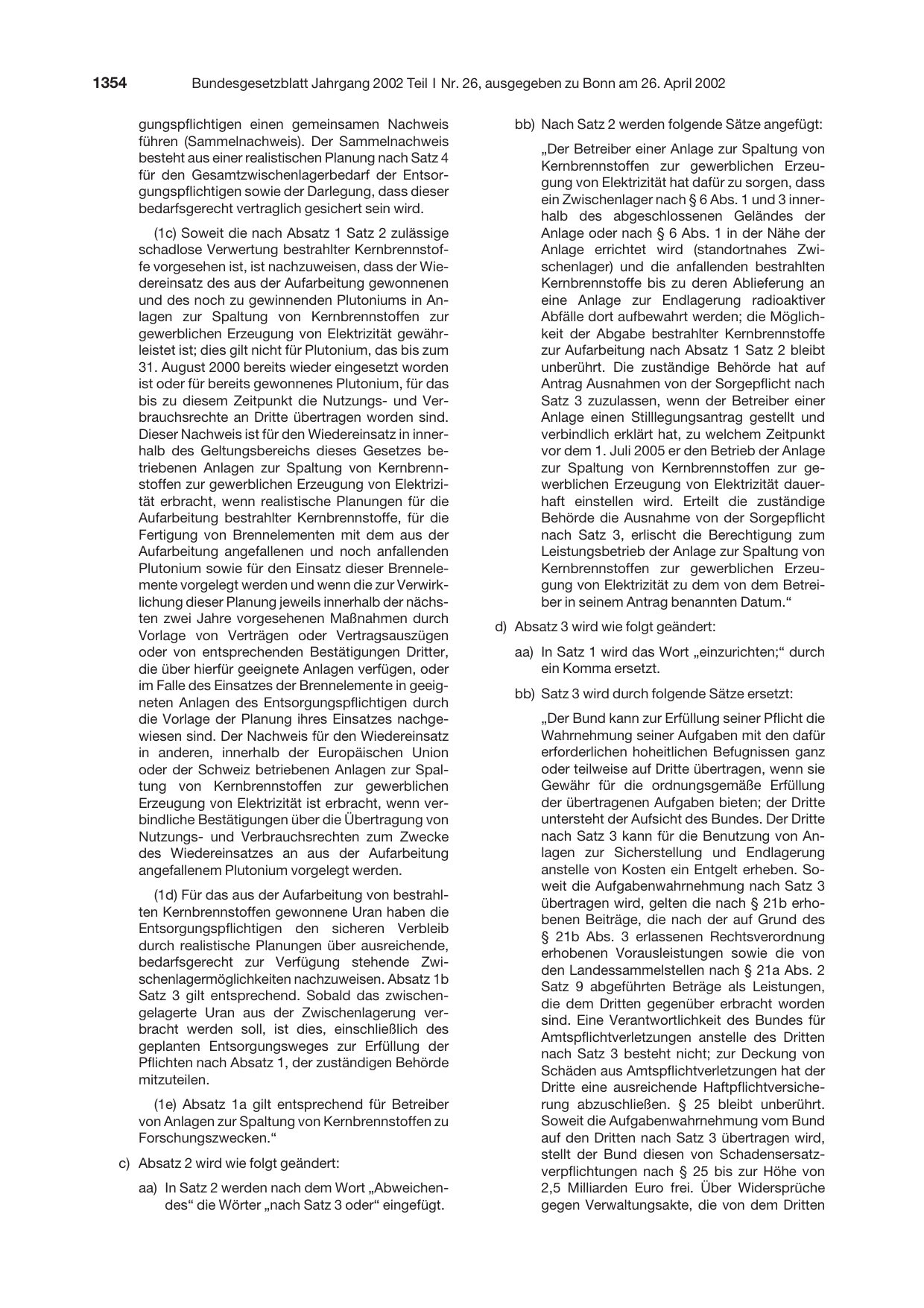 BGBl. 2002, Seite 1354 — Originalseite als Abbildung