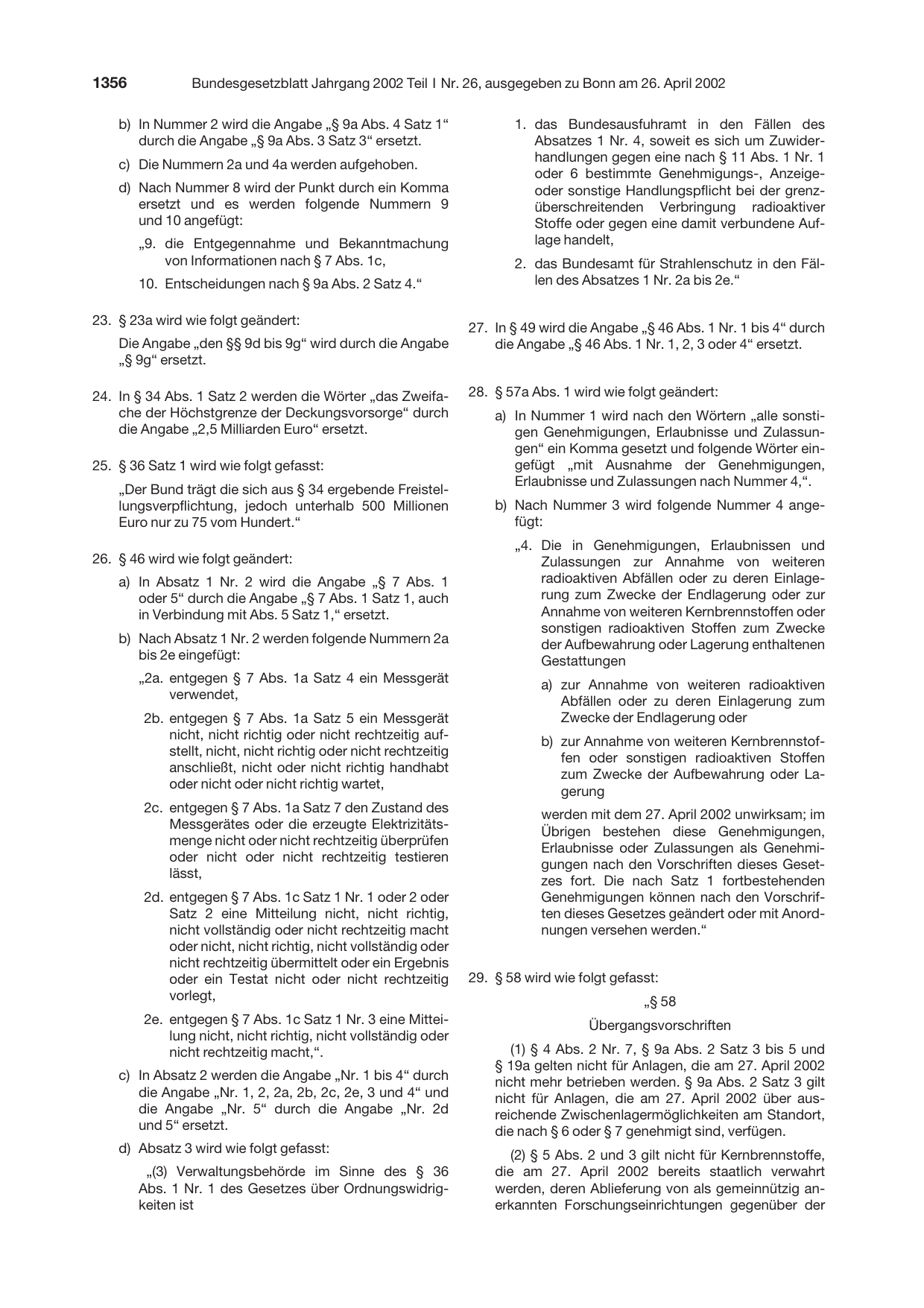 BGBl. 2002, Seite 1356 — Originalseite als Abbildung