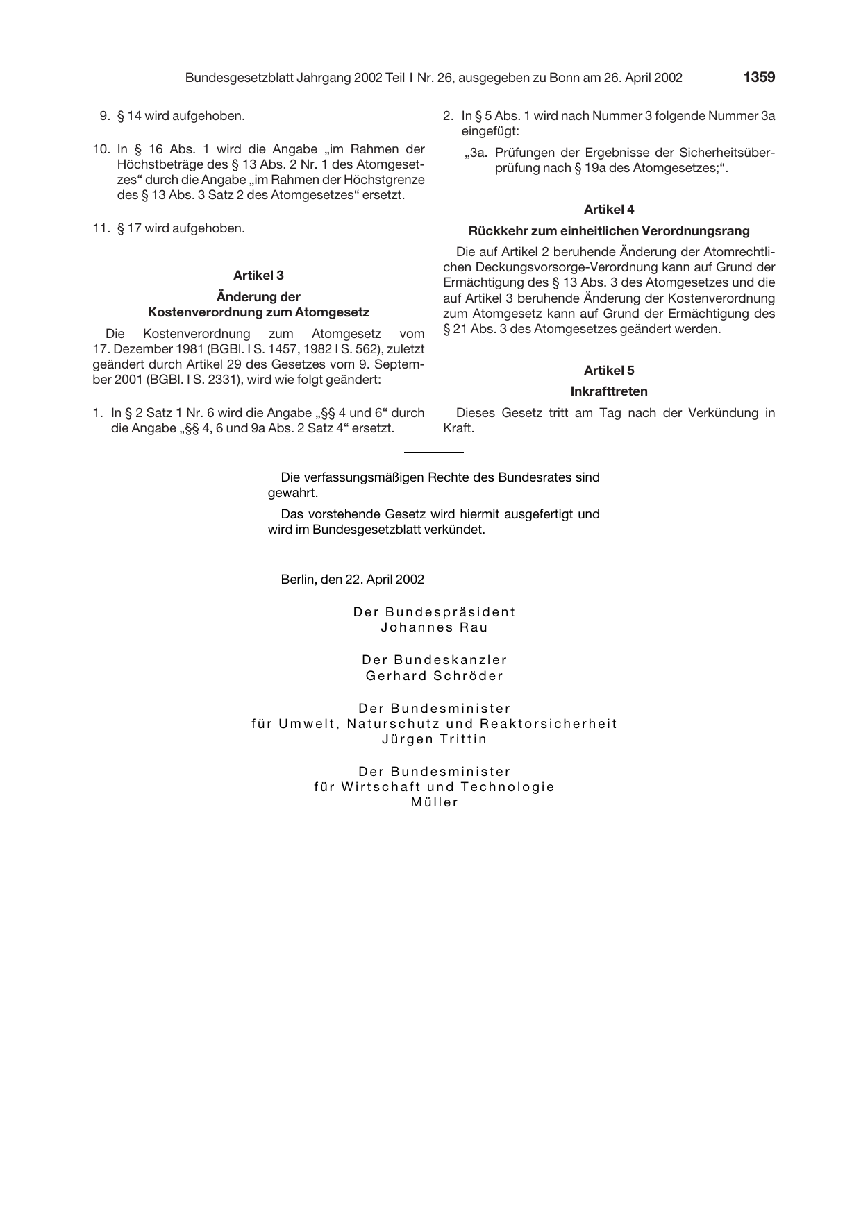 BGBl. 2002, Seite 1359 — Originalseite als Abbildung
