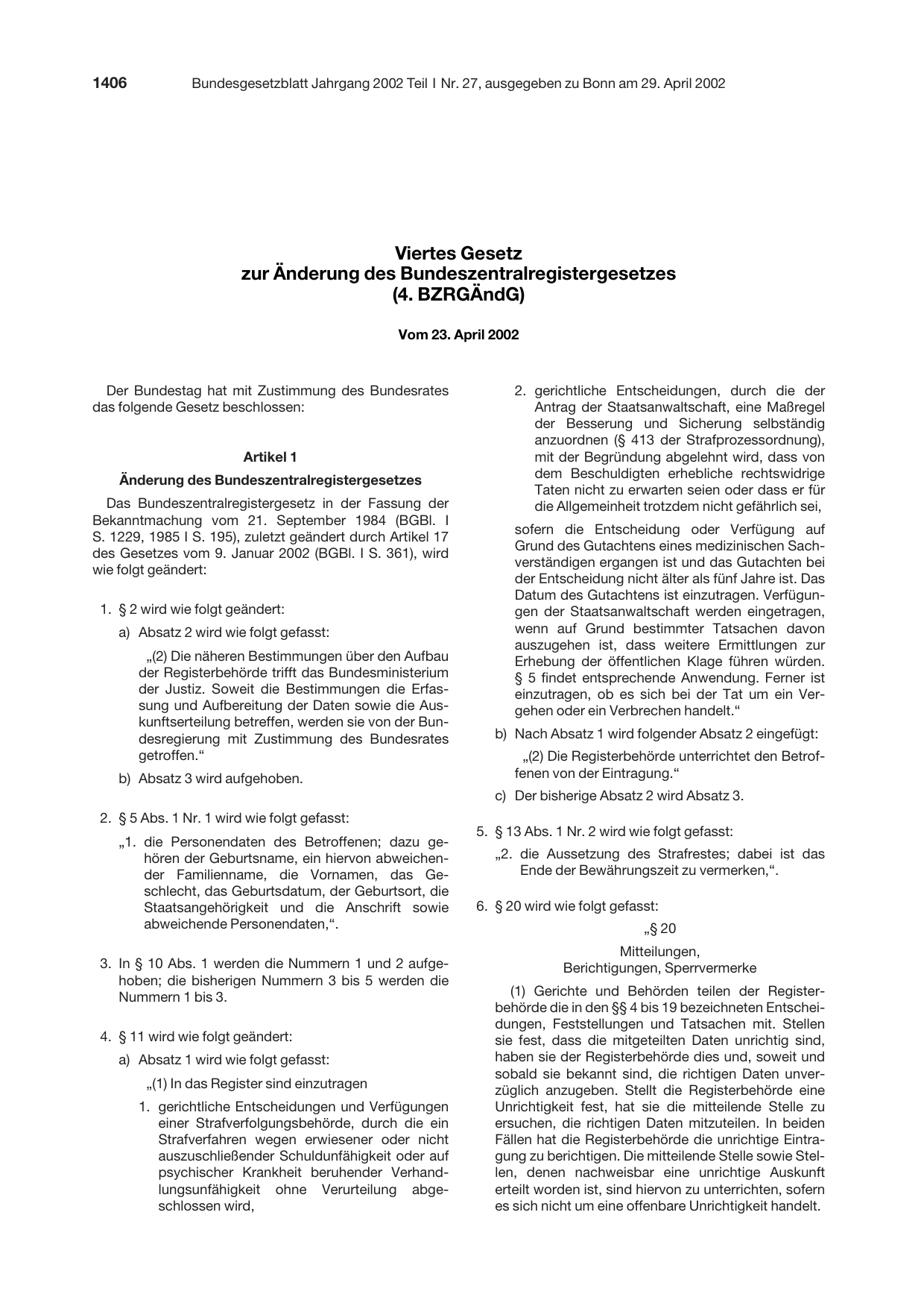 BGBl. 2002, Seite 1406 — Originalseite als Abbildung