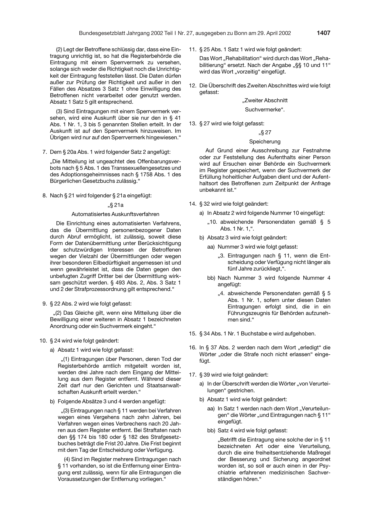 BGBl. 2002, Seite 1407 — Originalseite als Abbildung