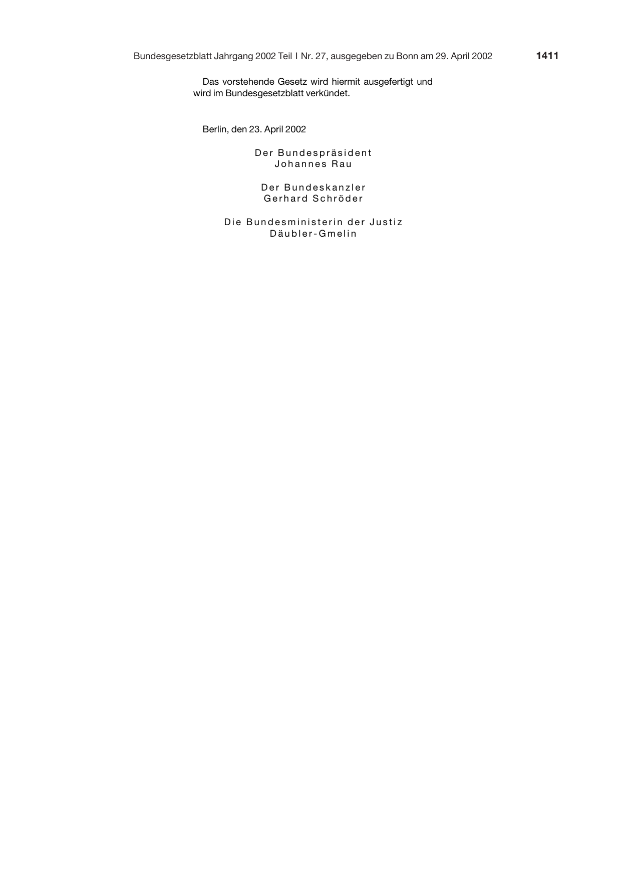 BGBl. 2002, Seite 1411 — Originalseite als Abbildung