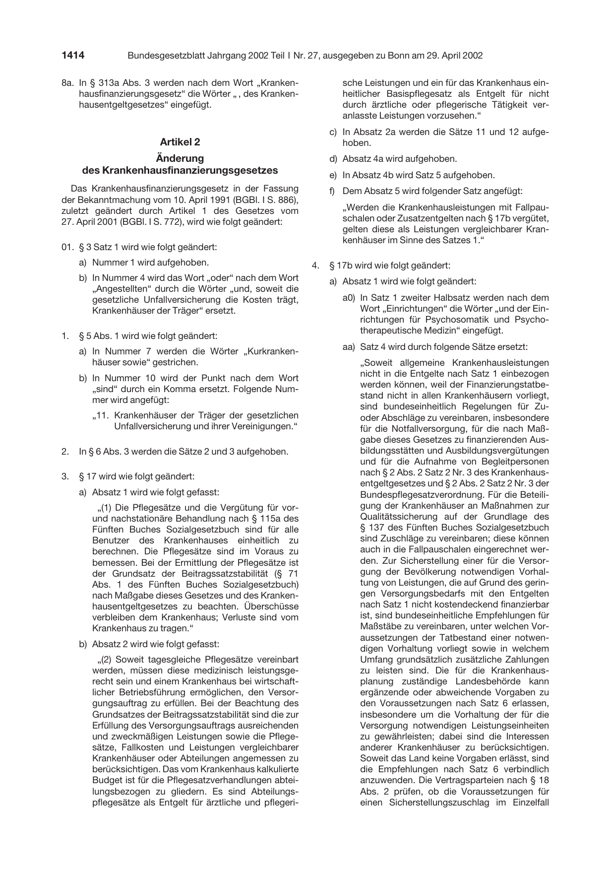BGBl. 2002, Seite 1414 — Originalseite als Abbildung