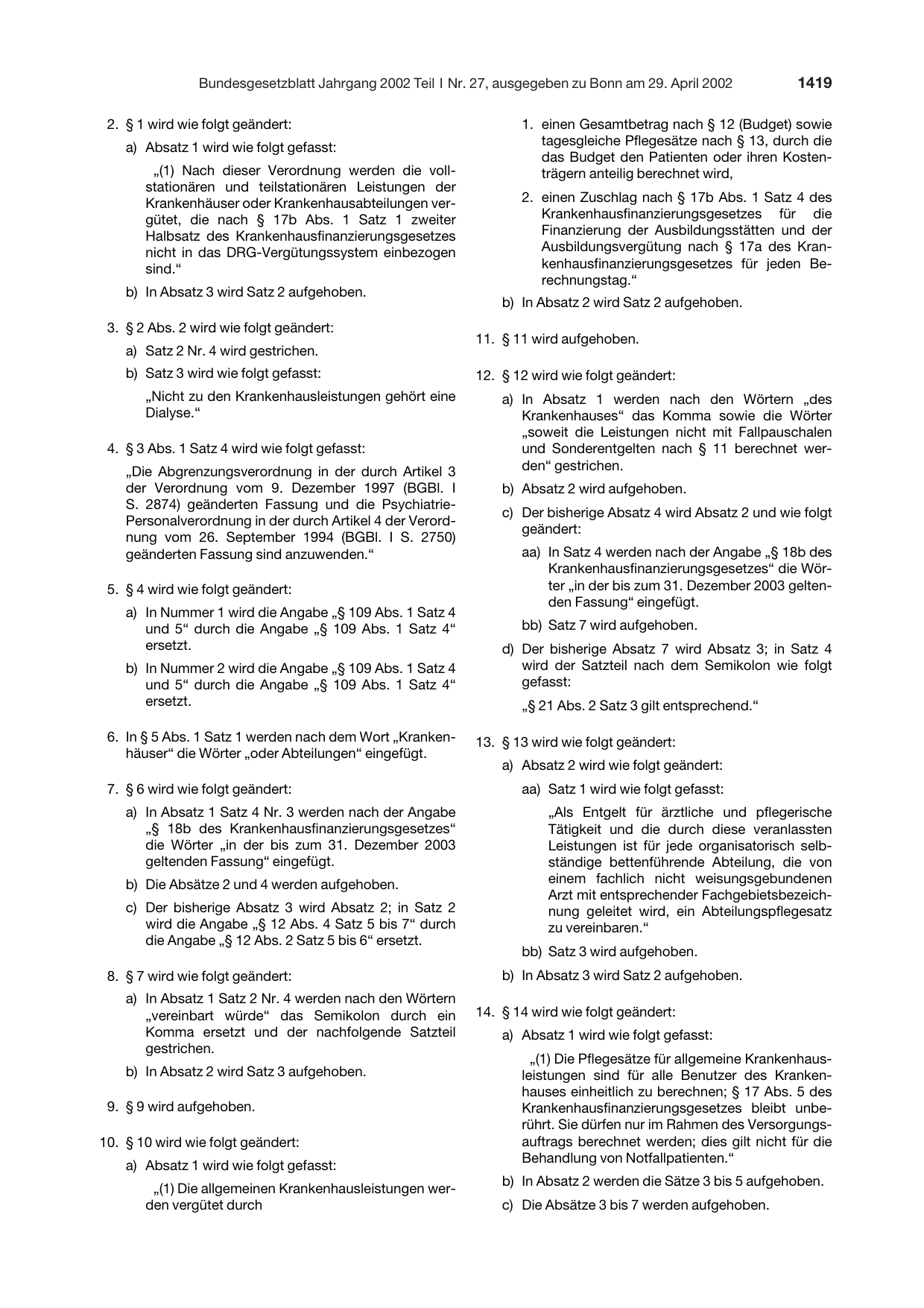 BGBl. 2002, Seite 1419 — Originalseite als Abbildung