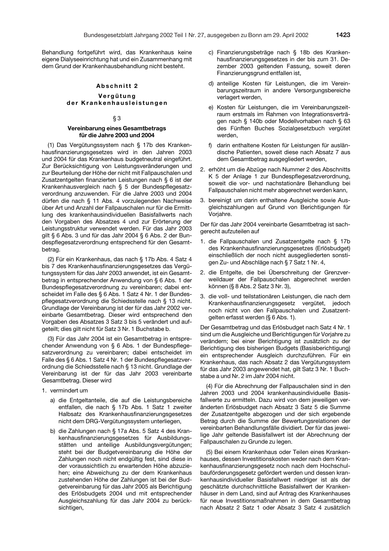 BGBl. 2002, Seite 1423 — Originalseite als Abbildung