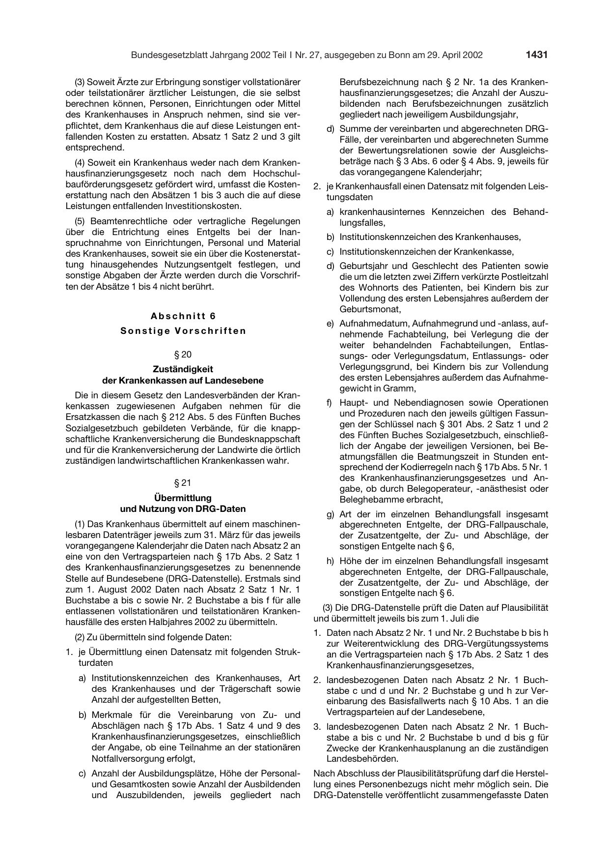 BGBl. 2002, Seite 1431 — Originalseite als Abbildung