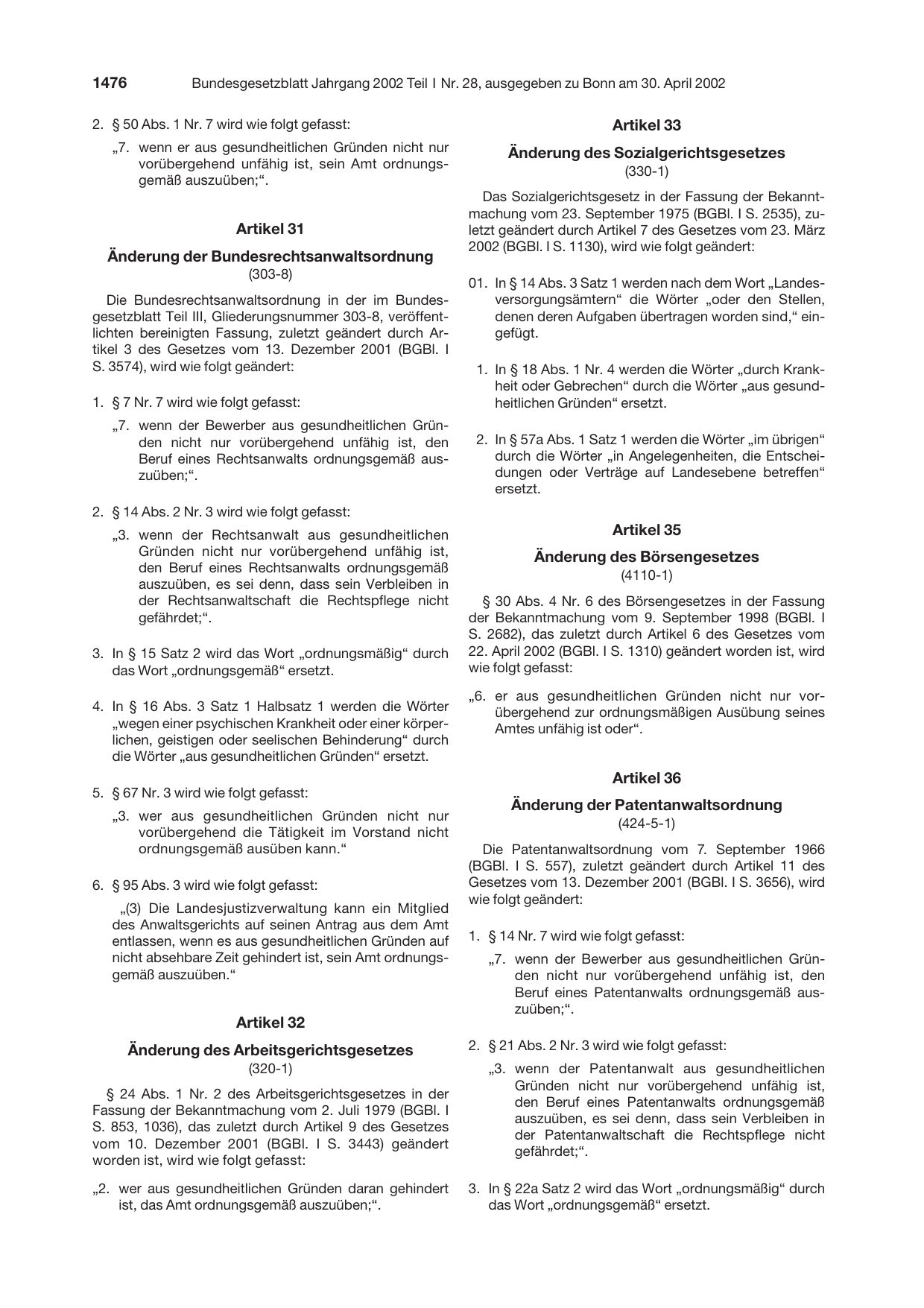 BGBl. 2002, Seite 1476 — Originalseite als Abbildung