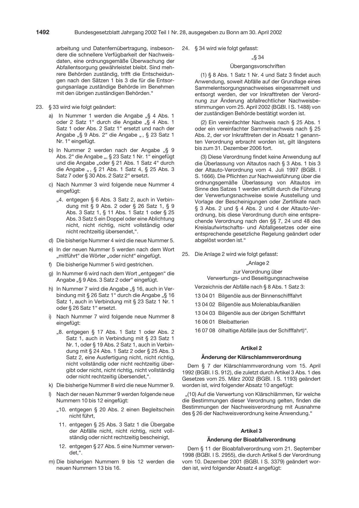 BGBl. 2002, Seite 1492 — Originalseite als Abbildung