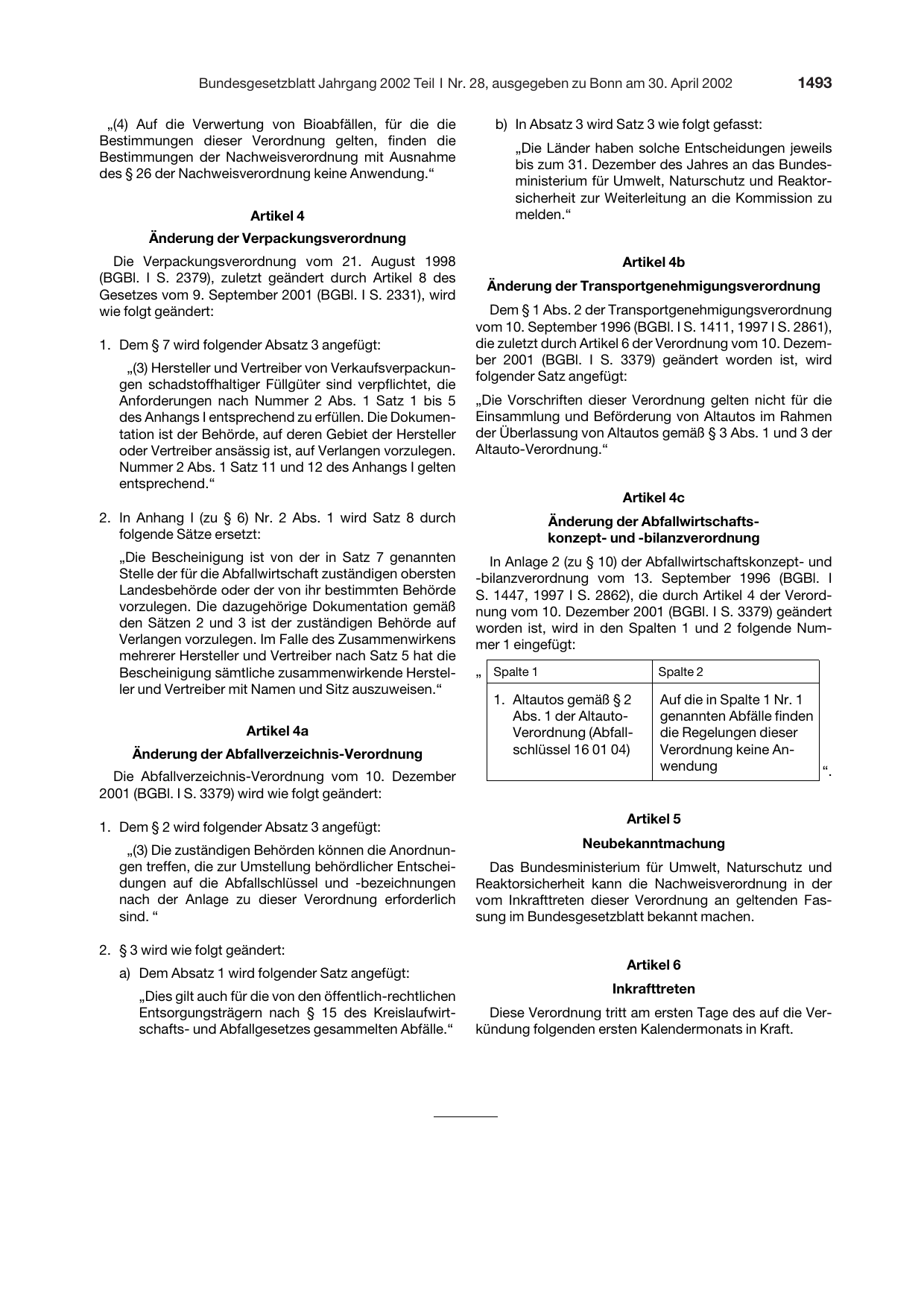 BGBl. 2002, Seite 1493 — Originalseite als Abbildung