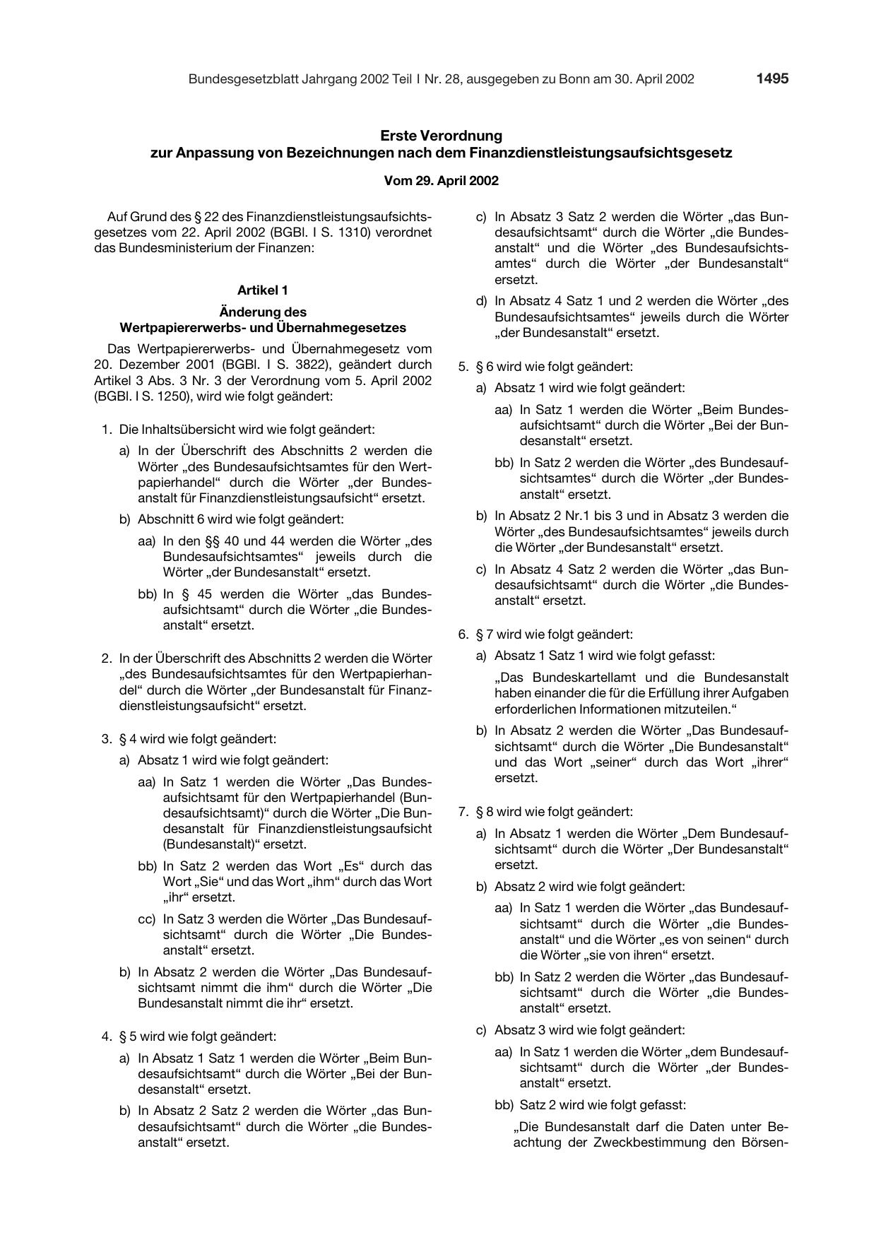 BGBl. 2002, Seite 1495 — Originalseite als Abbildung