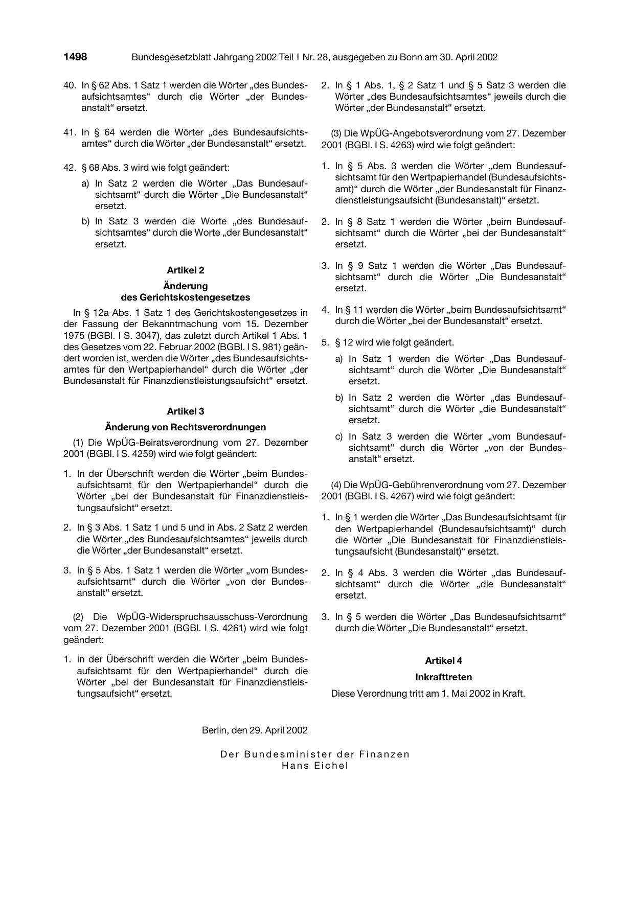BGBl. 2002, Seite 1498 — Originalseite als Abbildung