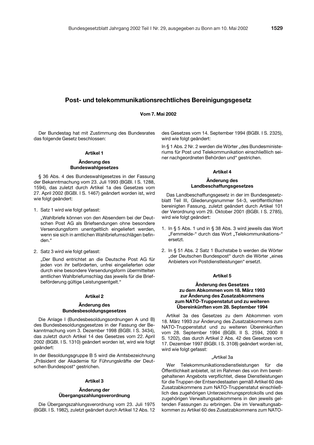 BGBl. 2002, Seite 1529 — Originalseite als Abbildung