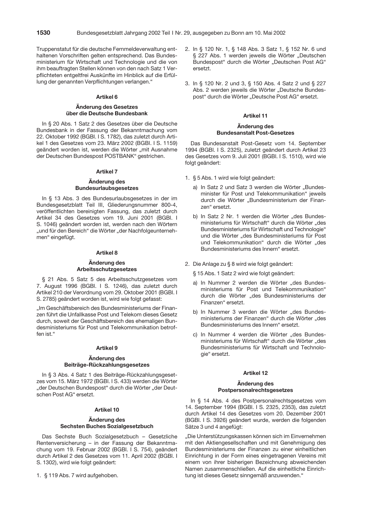 BGBl. 2002, Seite 1530 — Originalseite als Abbildung