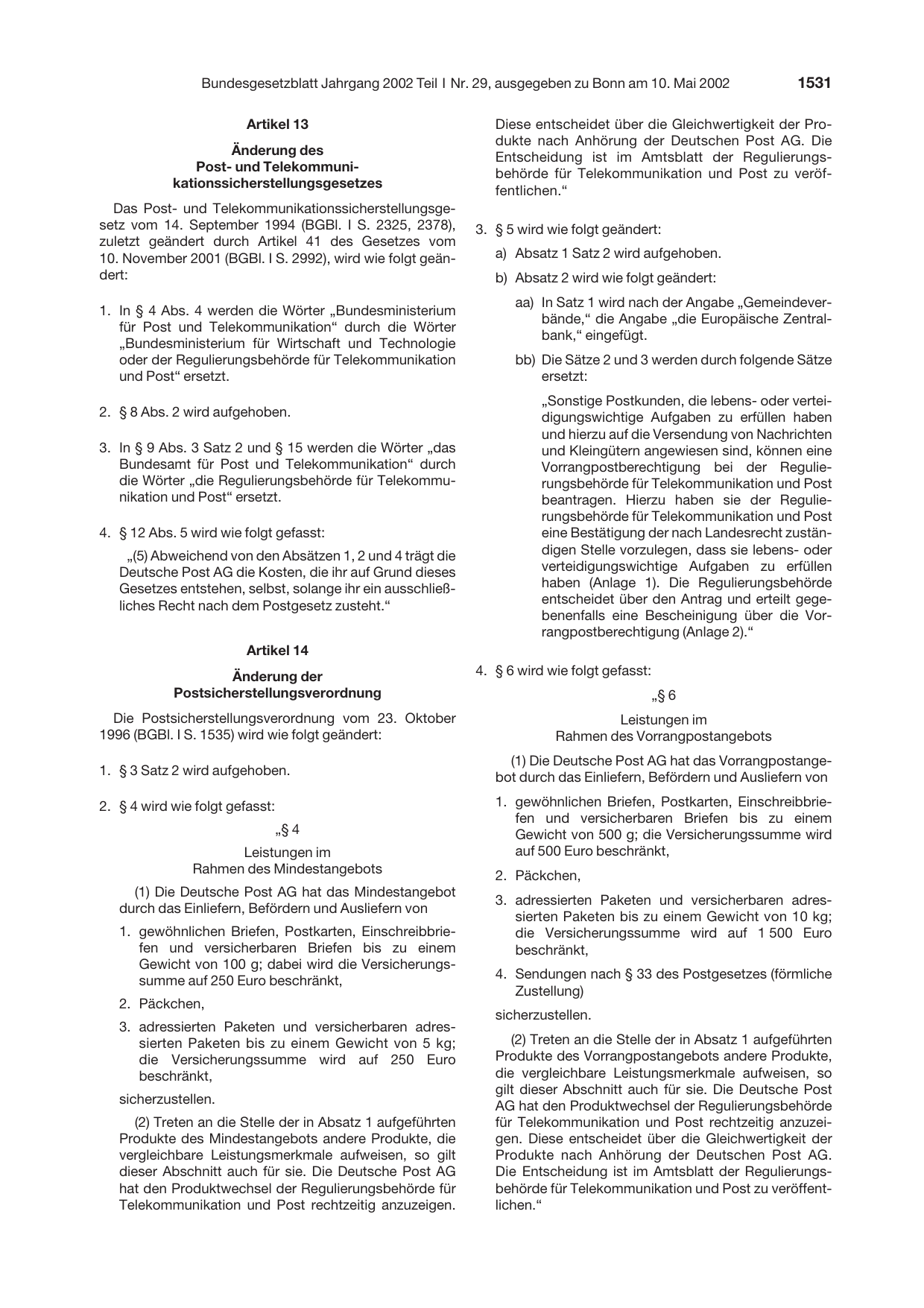 BGBl. 2002, Seite 1531 — Originalseite als Abbildung