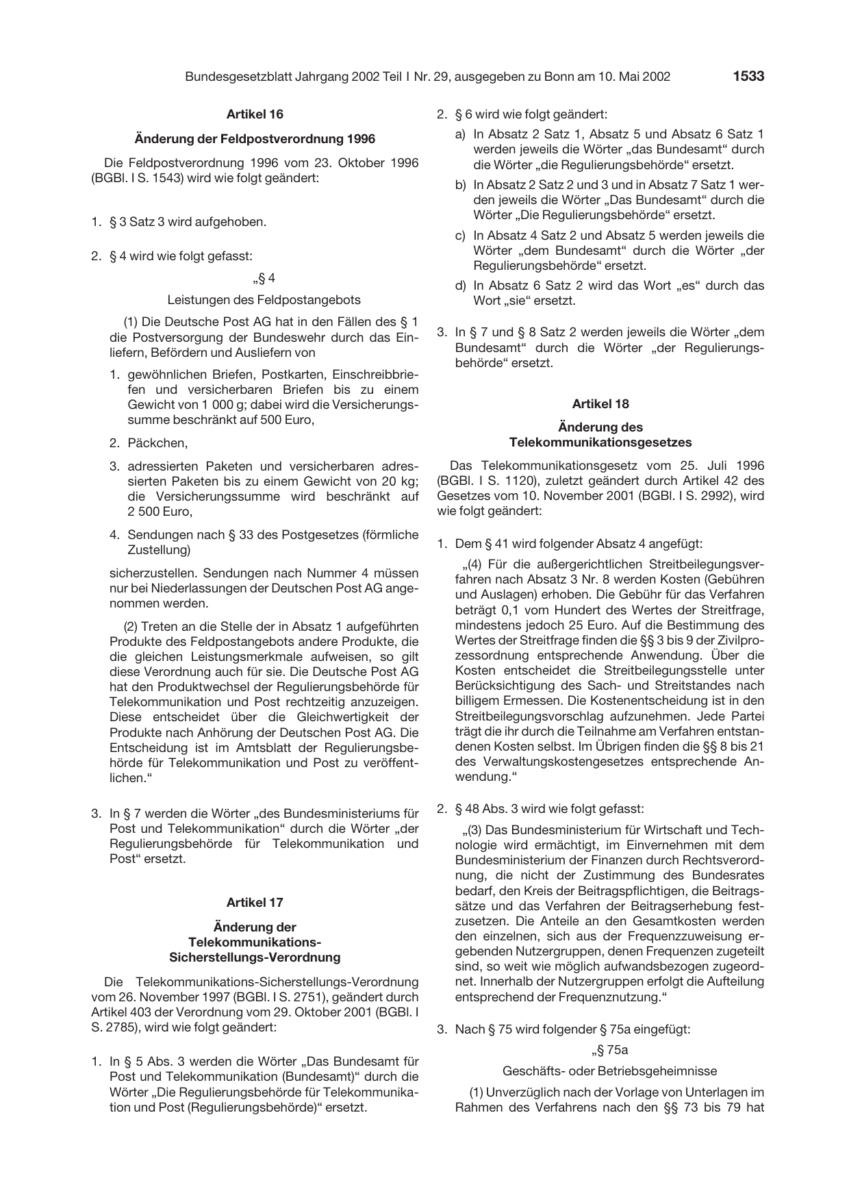 BGBl. 2002, Seite 1533 — Originalseite als Abbildung