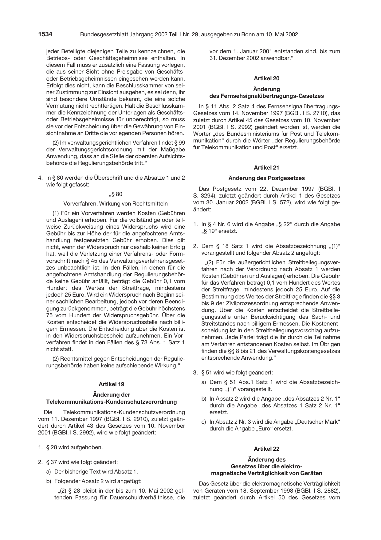 BGBl. 2002, Seite 1534 — Originalseite als Abbildung