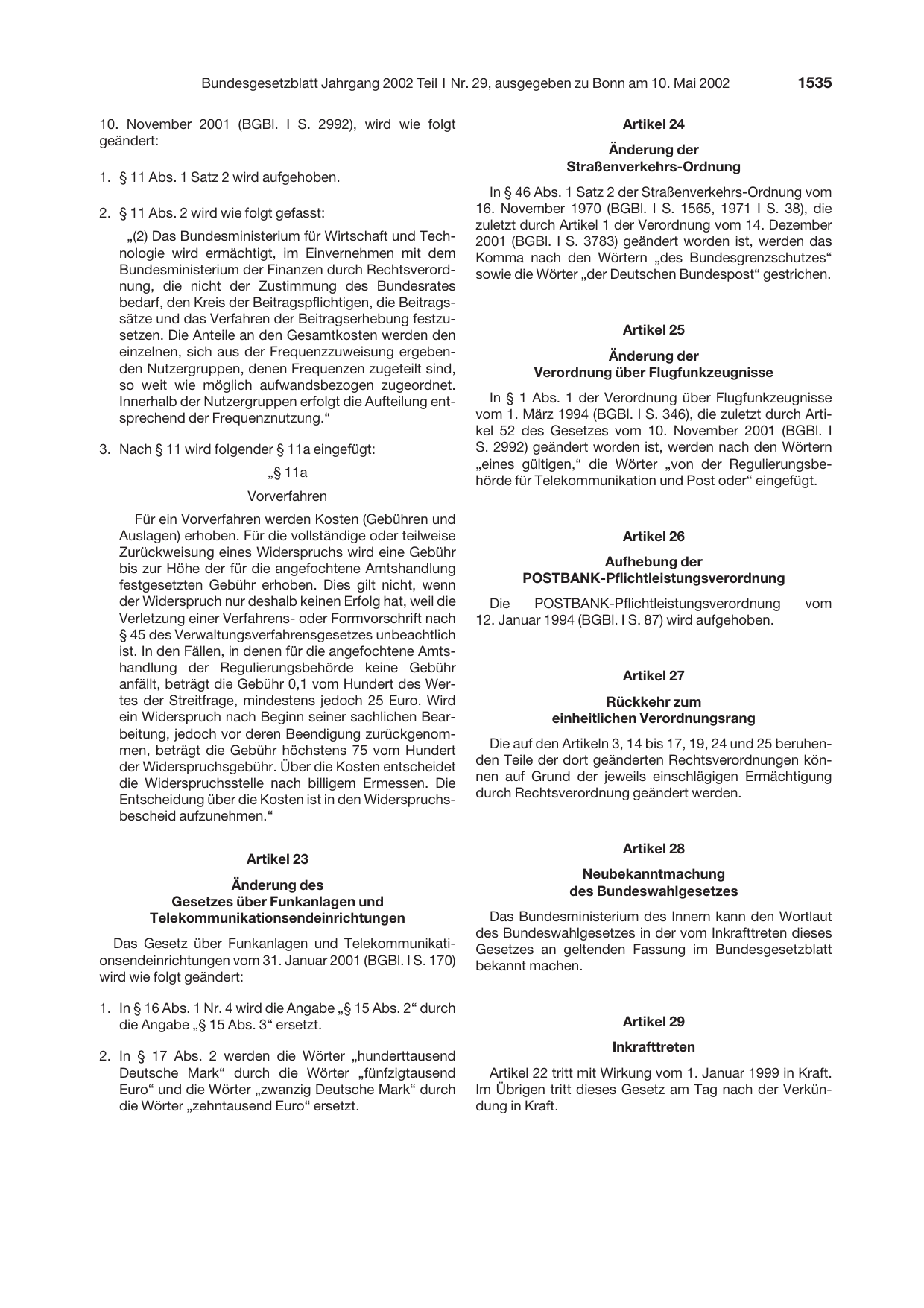 BGBl. 2002, Seite 1535 — Originalseite als Abbildung
