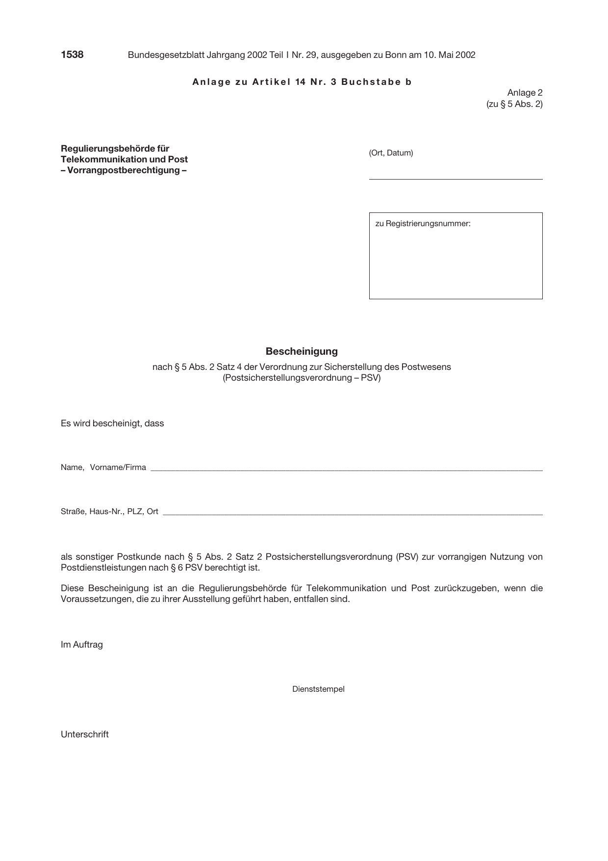 BGBl. 2002, Seite 1538 — Originalseite als Abbildung