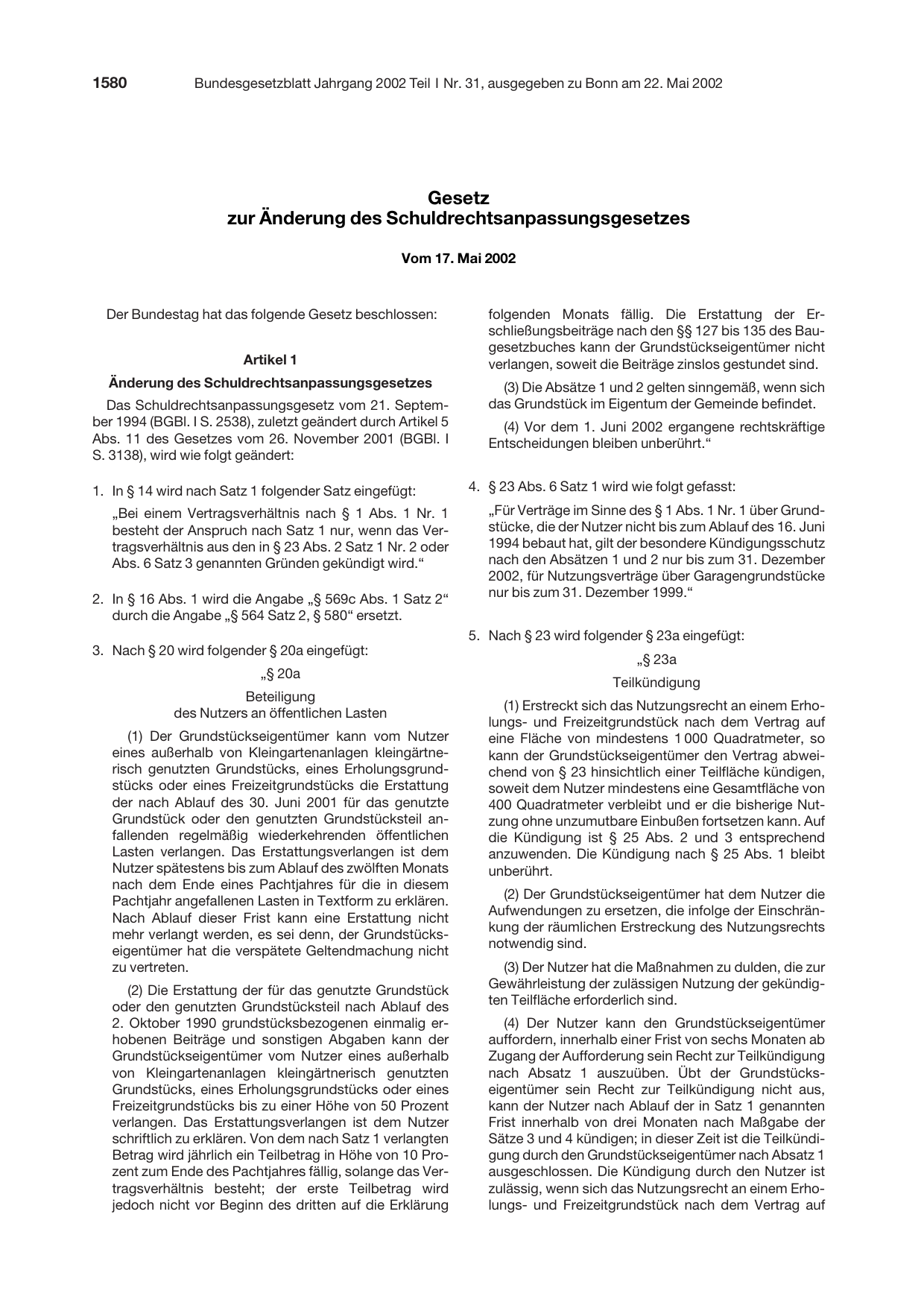 BGBl. 2002, Seite 1580 — Originalseite als Abbildung