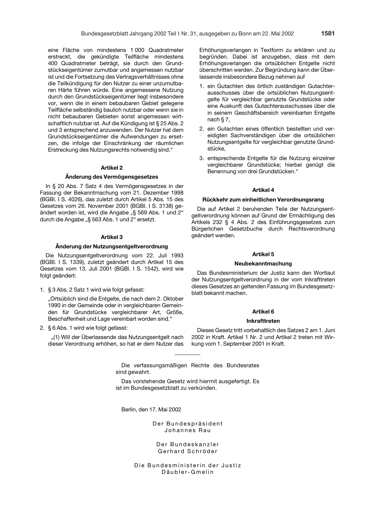 BGBl. 2002, Seite 1581 — Originalseite als Abbildung