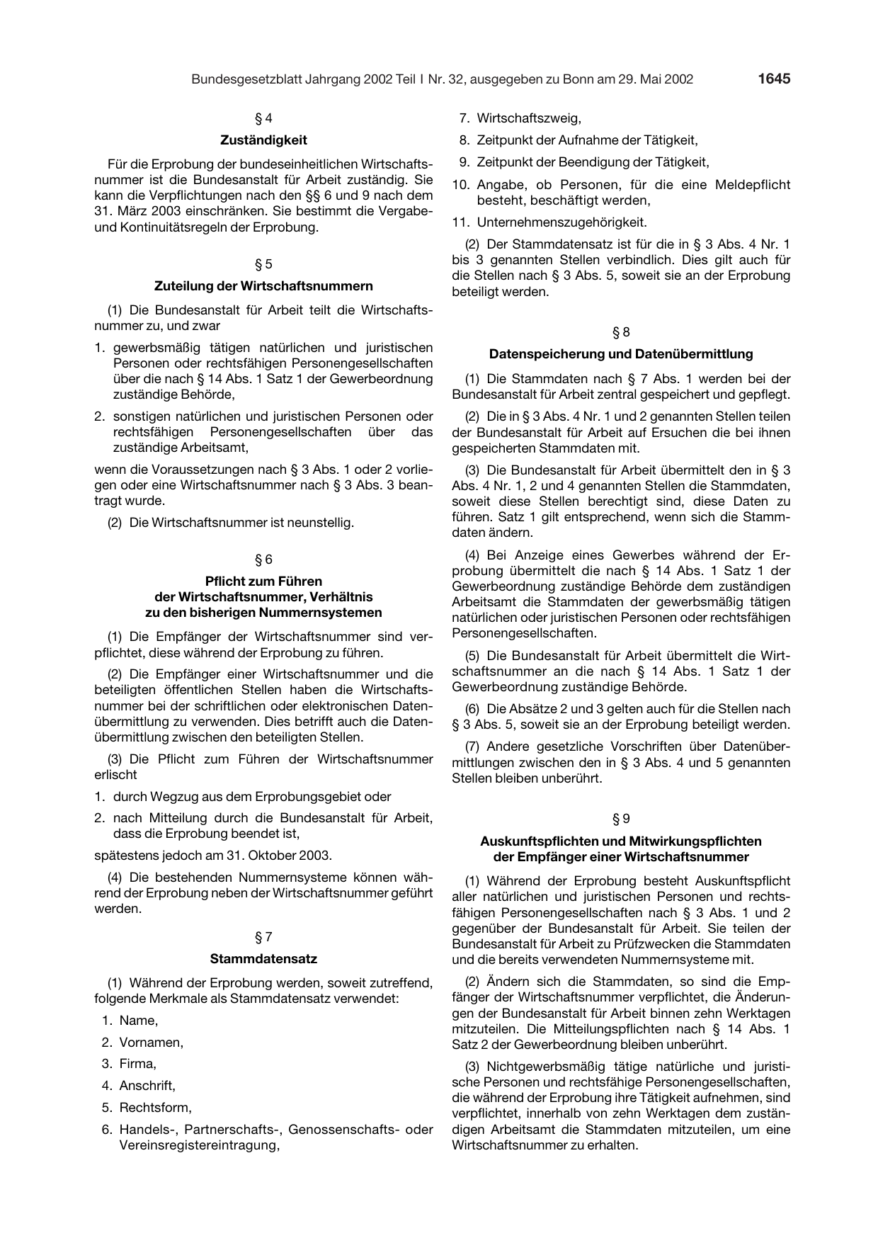 BGBl. 2002, Seite 1645 — Originalseite als Abbildung