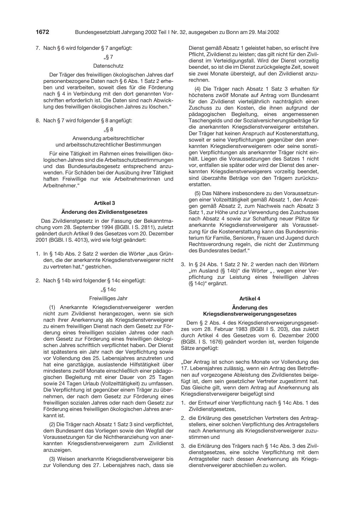 BGBl. 2002, Seite 1672 — Originalseite als Abbildung