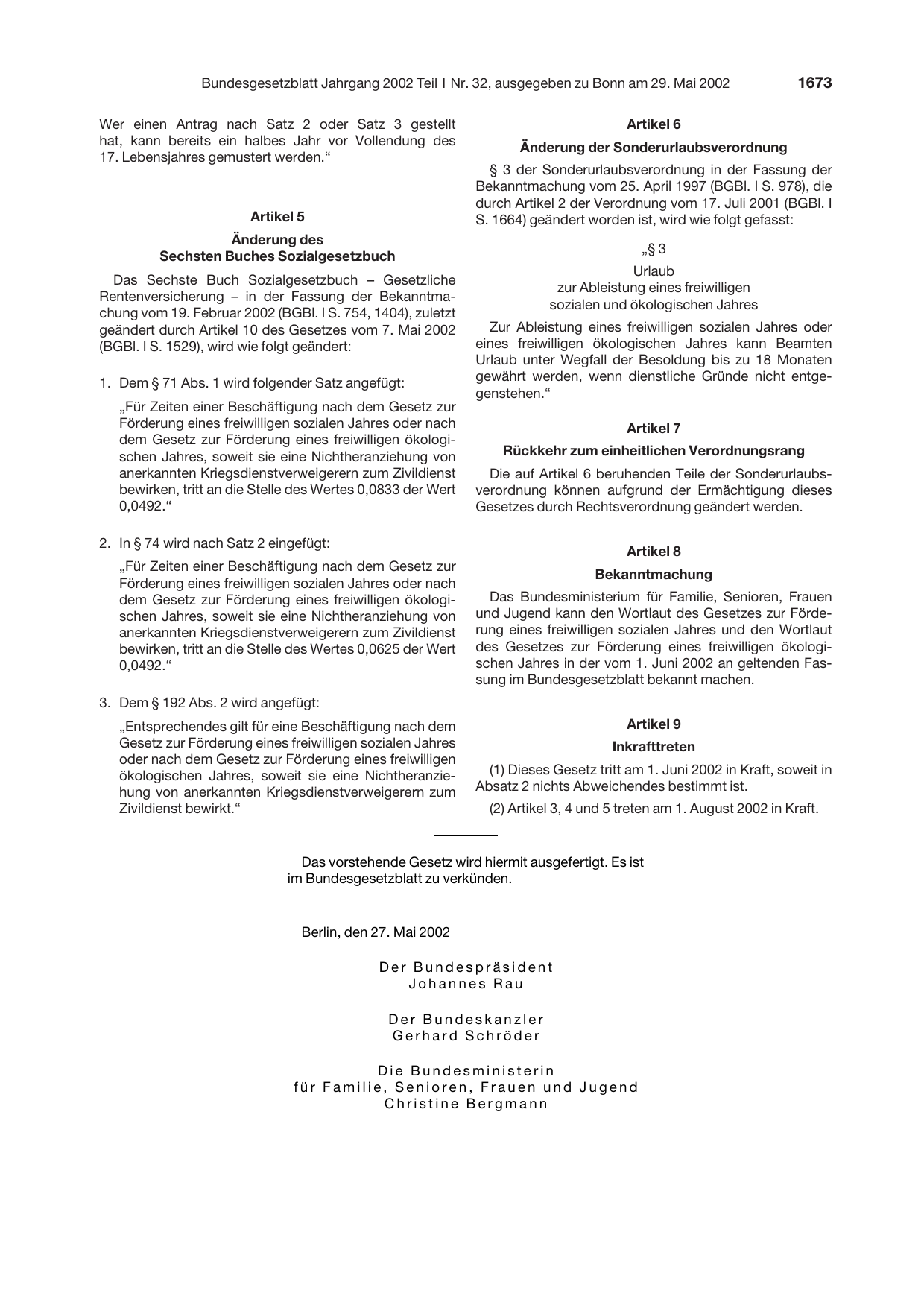 BGBl. 2002, Seite 1673 — Originalseite als Abbildung