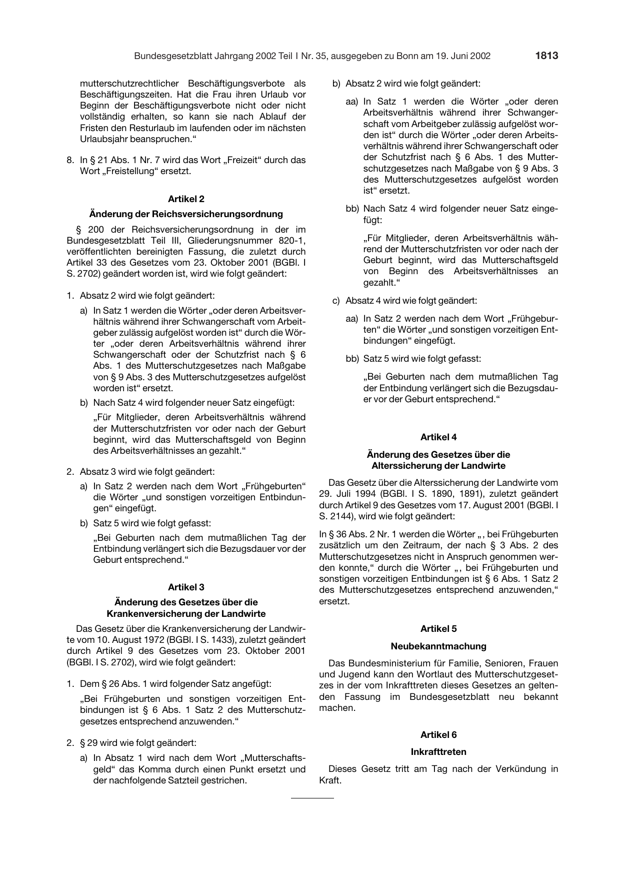 BGBl. 2002, Seite 1813 — Originalseite als Abbildung