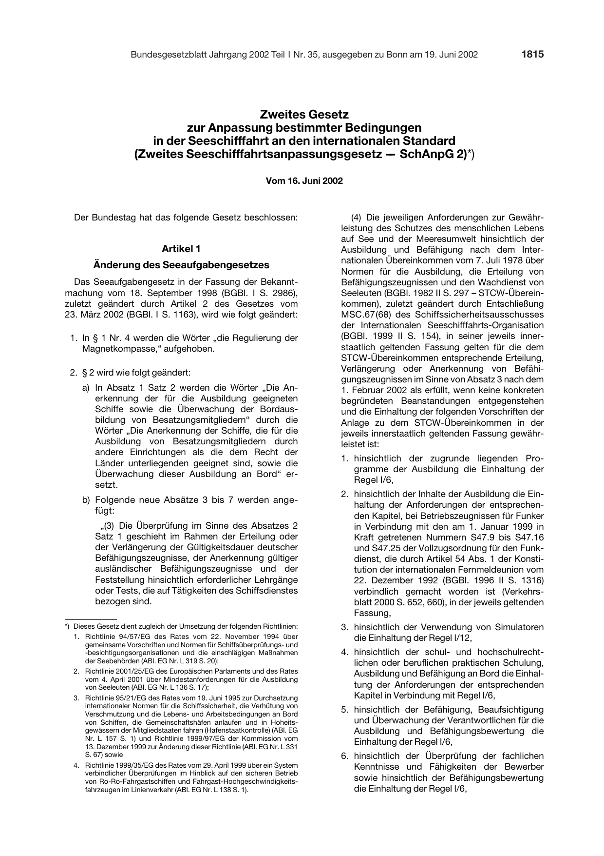 BGBl. 2002, Seite 1815 — Originalseite als Abbildung