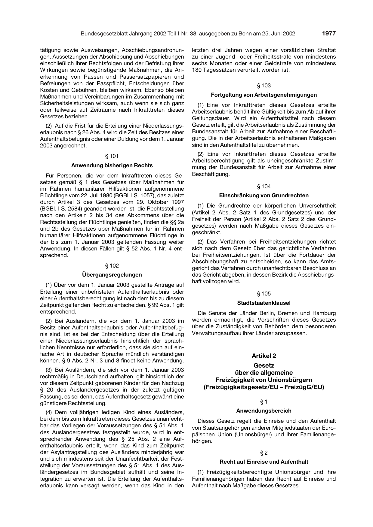 BGBl. 2002, Seite 1977 — Originalseite als Abbildung