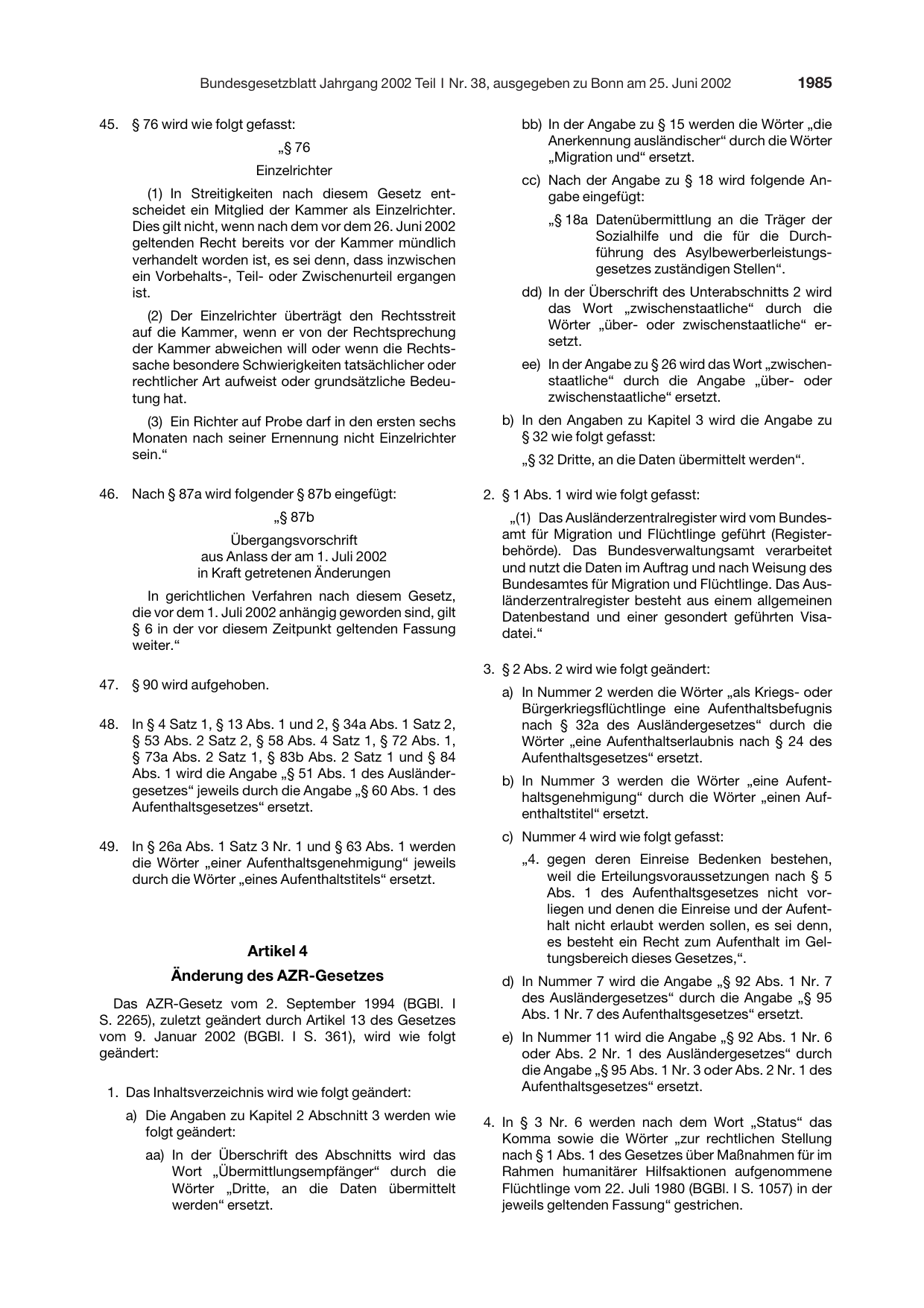 BGBl. 2002, Seite 1985 — Originalseite als Abbildung