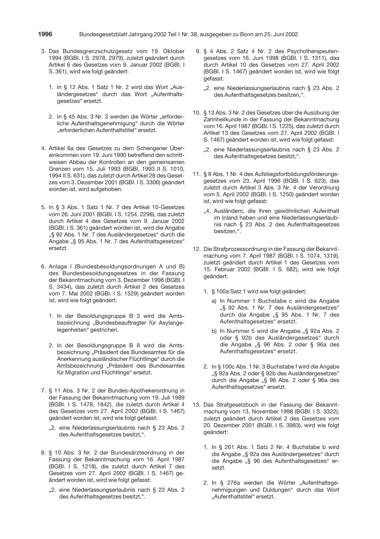 BGBl. 2002, Seite 1996 — Originalseite als Abbildung