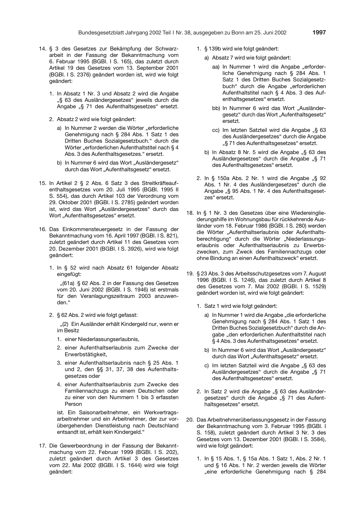 BGBl. 2002, Seite 1997 — Originalseite als Abbildung