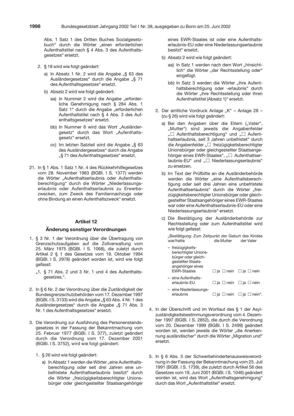 BGBl. 2002, Seite 1998 — Originalseite als Abbildung