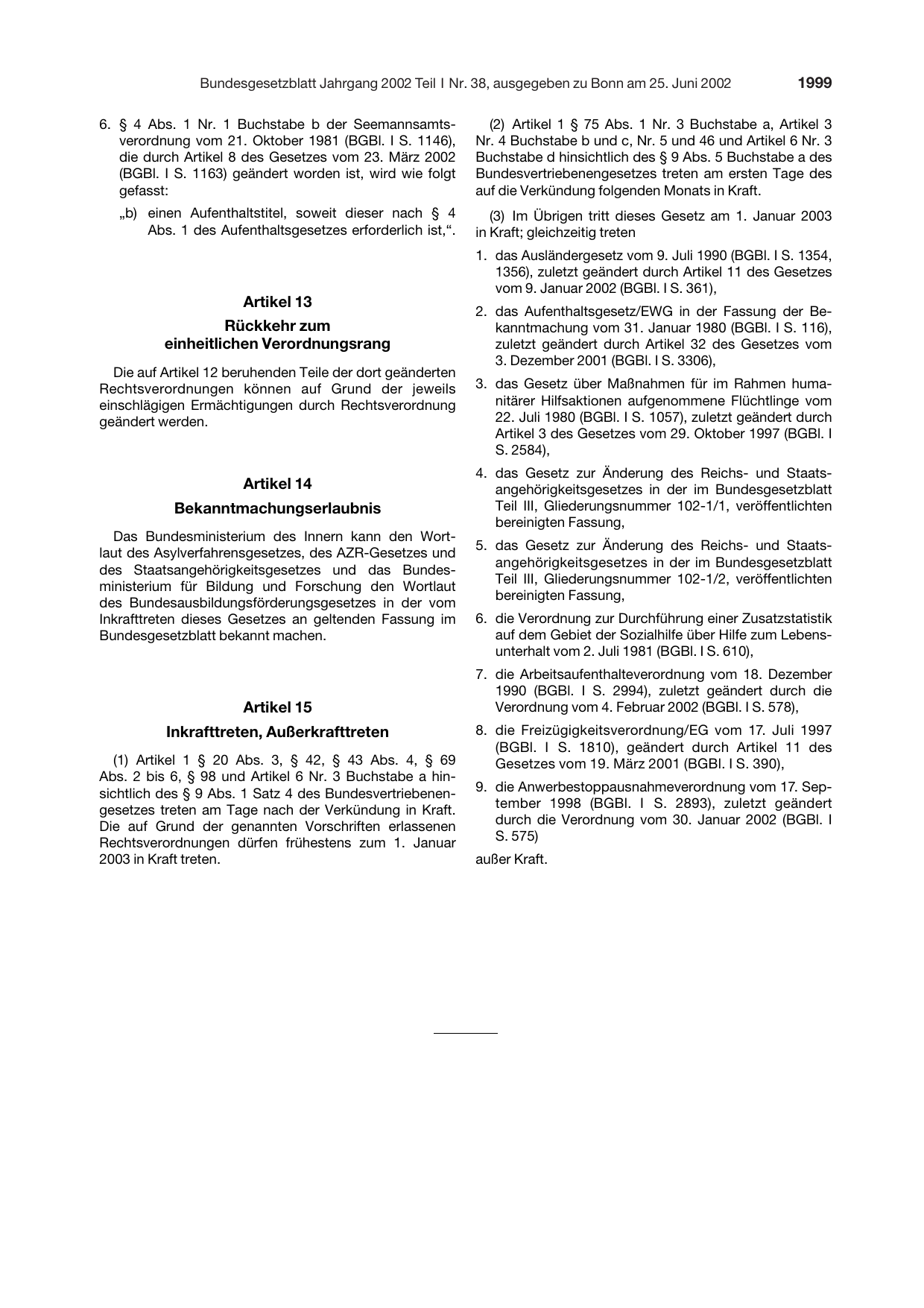 BGBl. 2002, Seite 1999 — Originalseite als Abbildung