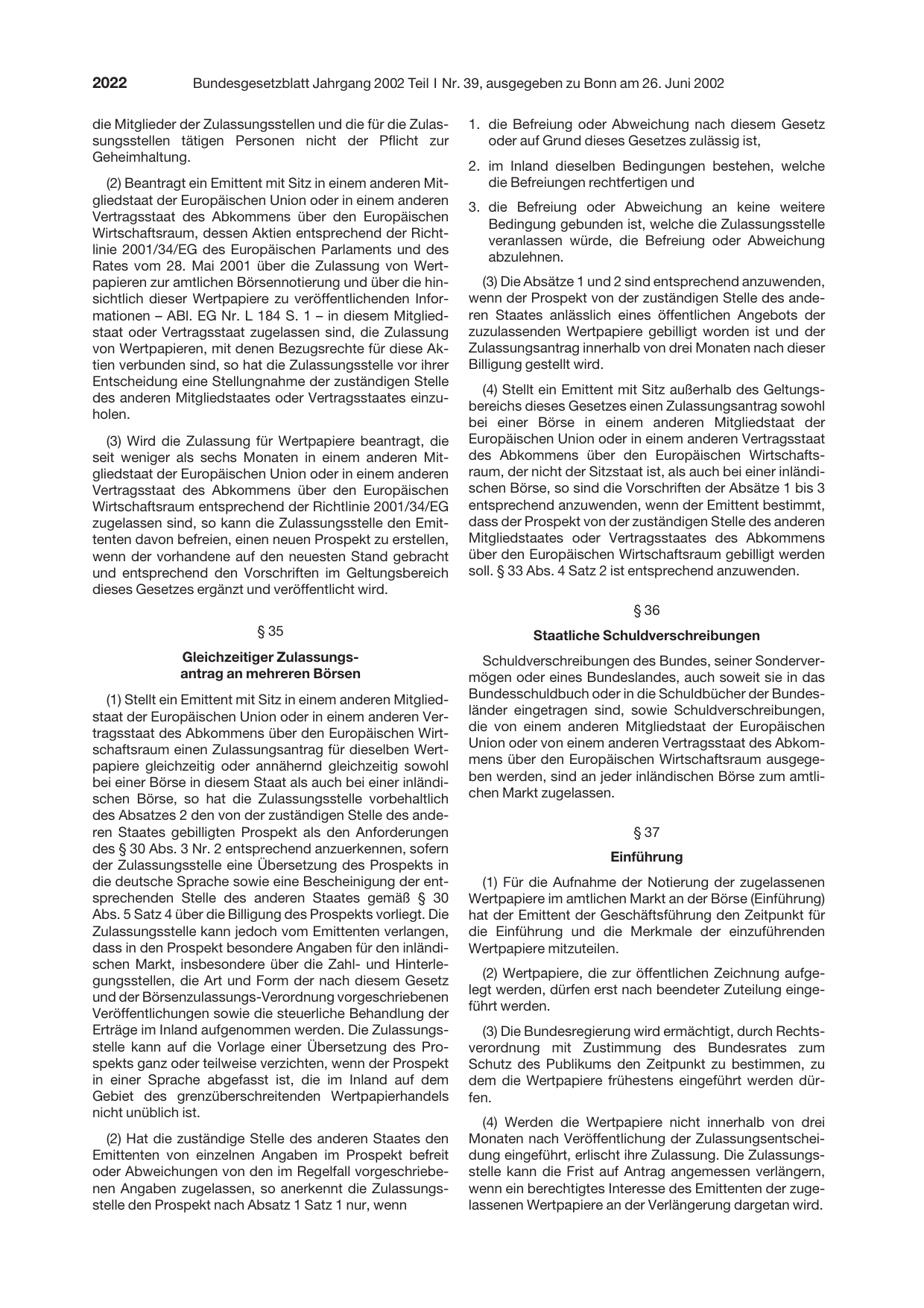 BGBl. 2002, Seite 2022 — Originalseite als Abbildung
