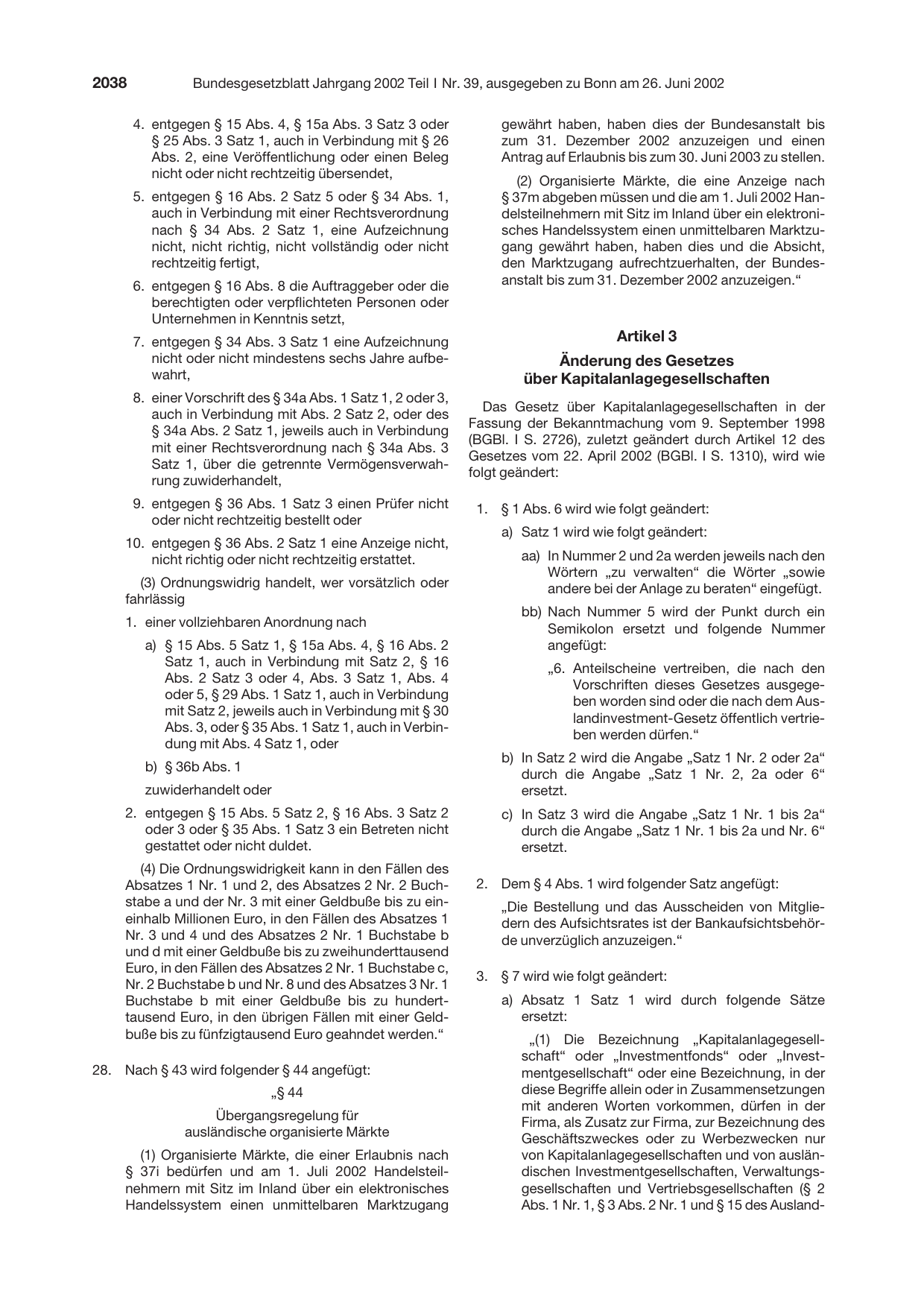 BGBl. 2002, Seite 2038 — Originalseite als Abbildung
