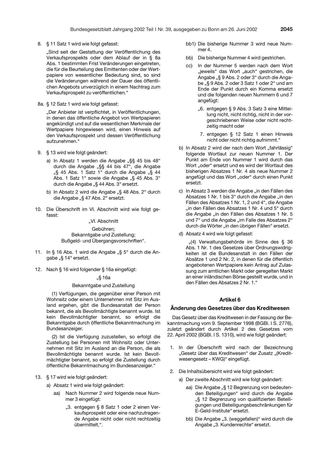 BGBl. 2002, Seite 2045 — Originalseite als Abbildung