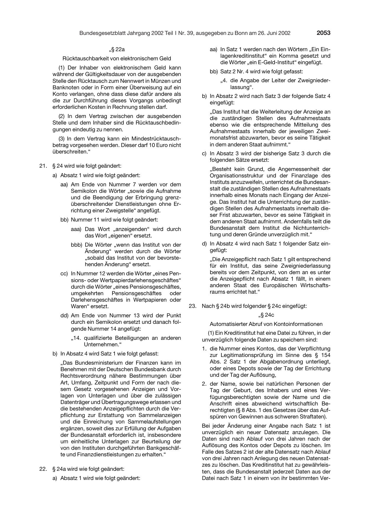 BGBl. 2002, Seite 2053 — Originalseite als Abbildung