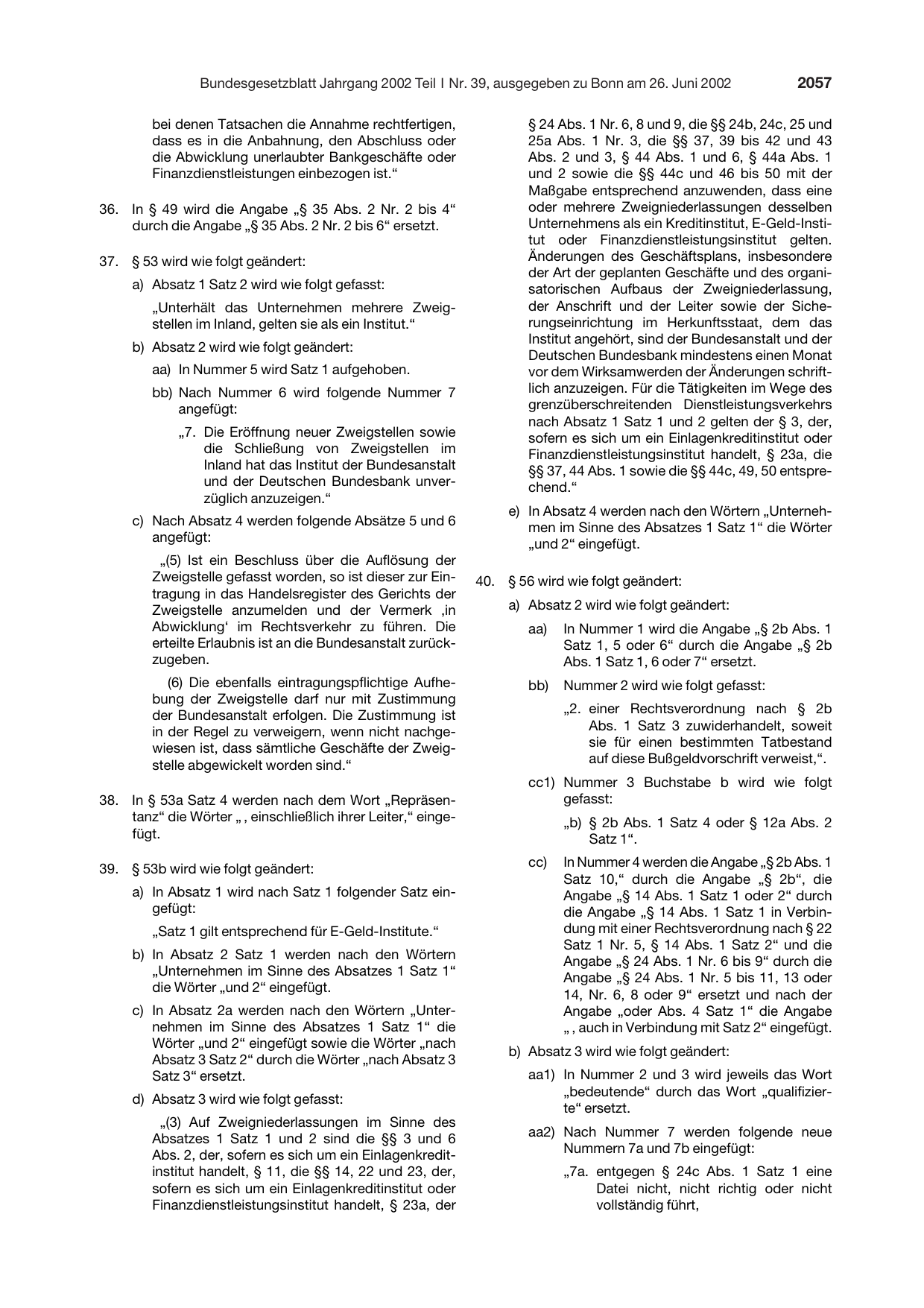 BGBl. 2002, Seite 2057 — Originalseite als Abbildung