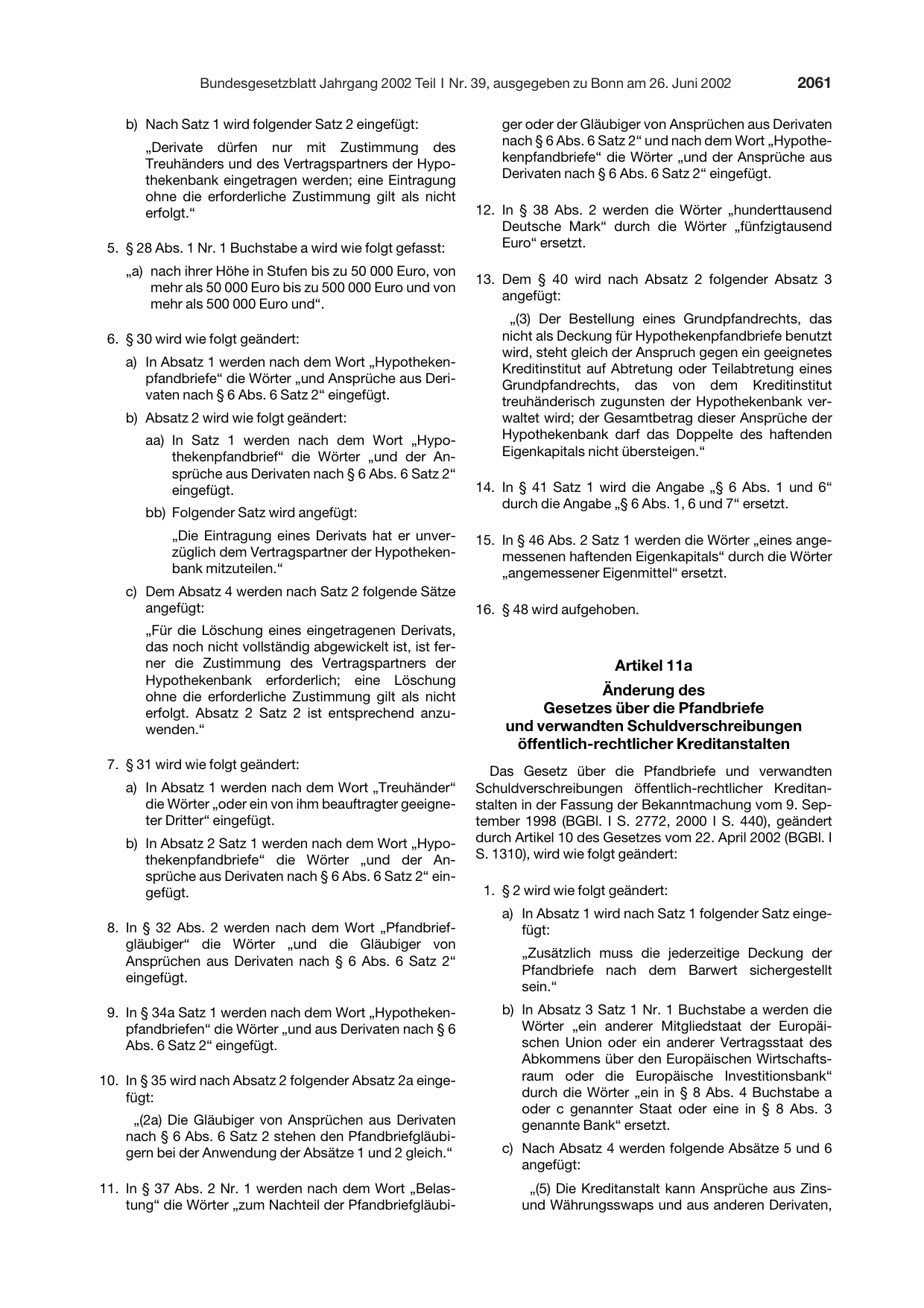 BGBl. 2002, Seite 2061 — Originalseite als Abbildung