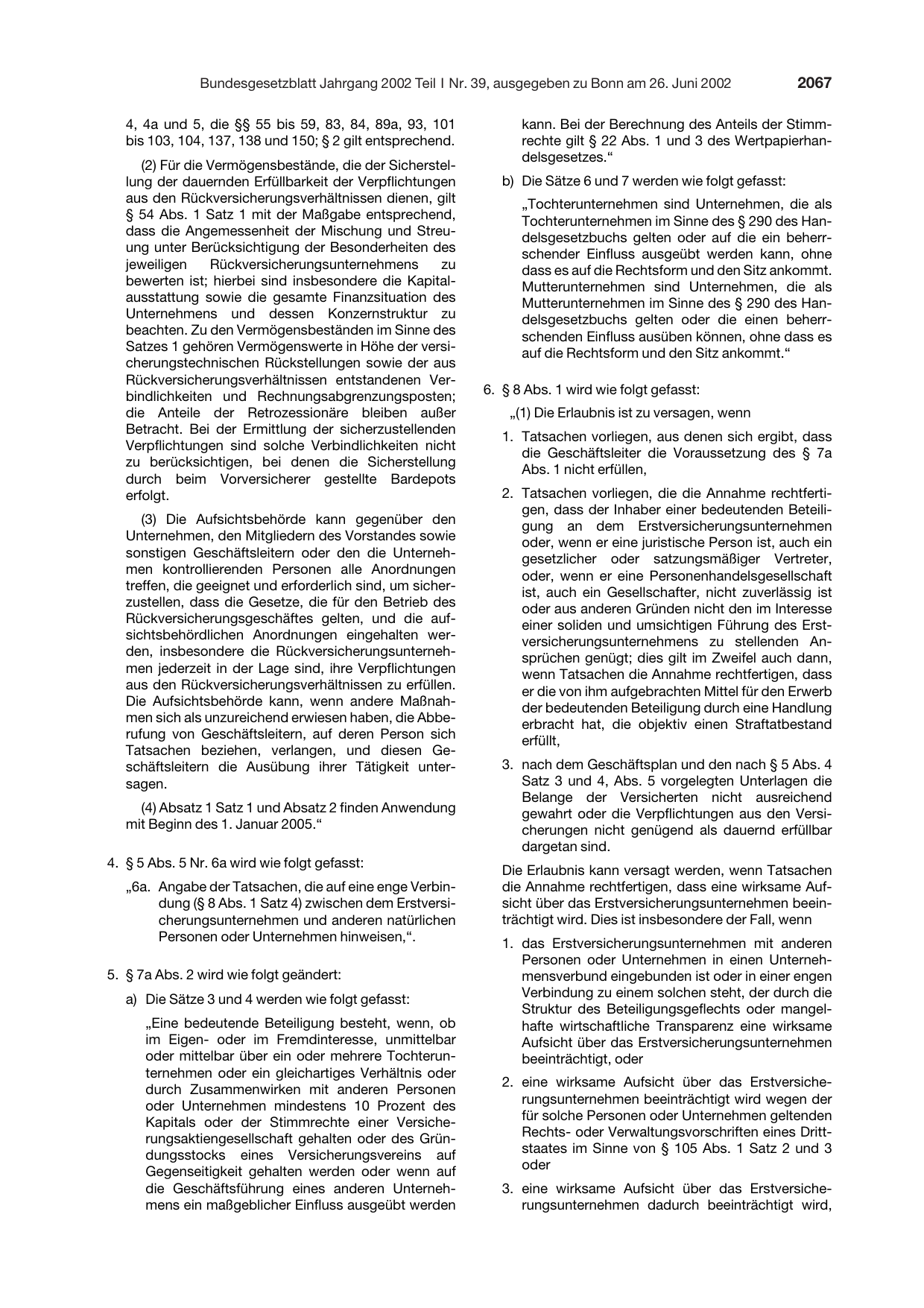 BGBl. 2002, Seite 2067 — Originalseite als Abbildung