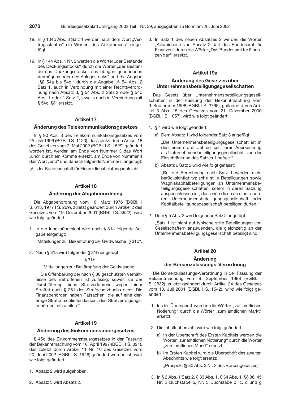 BGBl. 2002, Seite 2070 — Originalseite als Abbildung