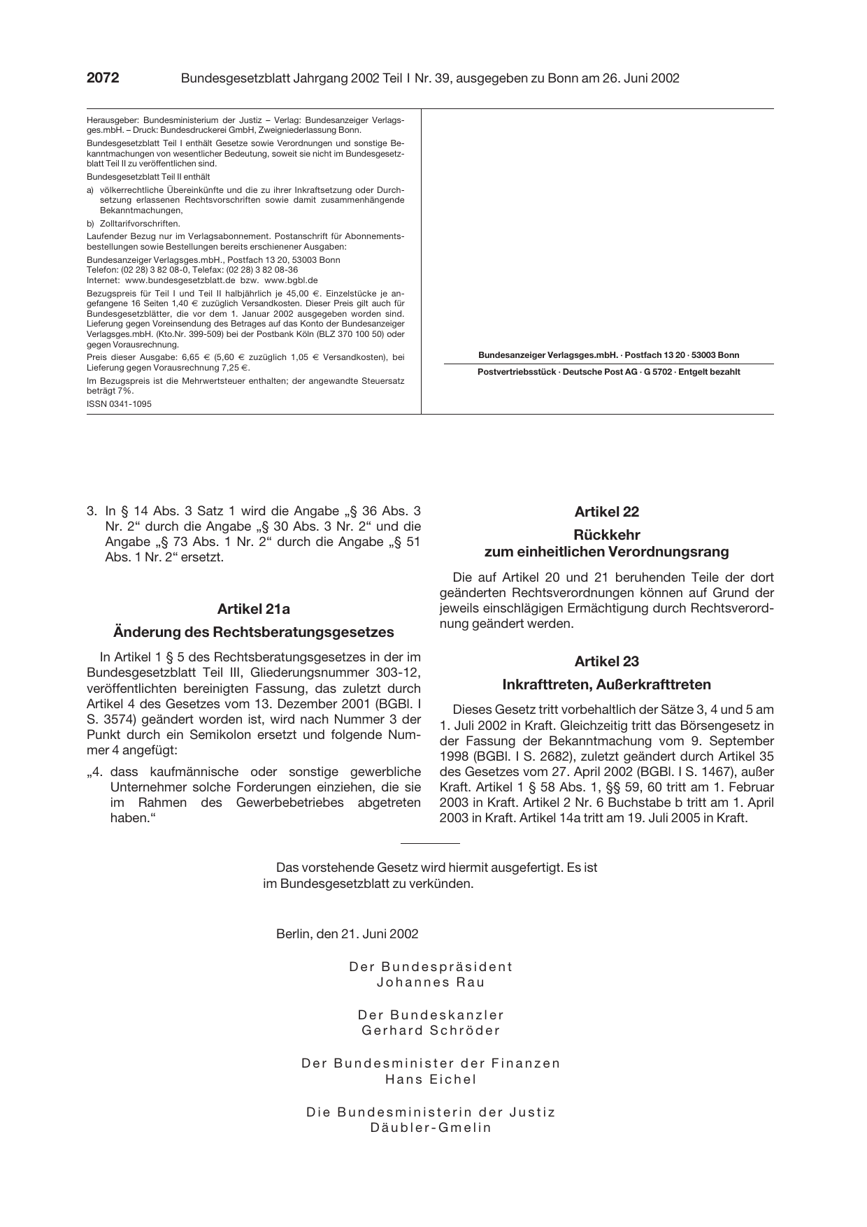 BGBl. 2002, Seite 2072 — Originalseite als Abbildung