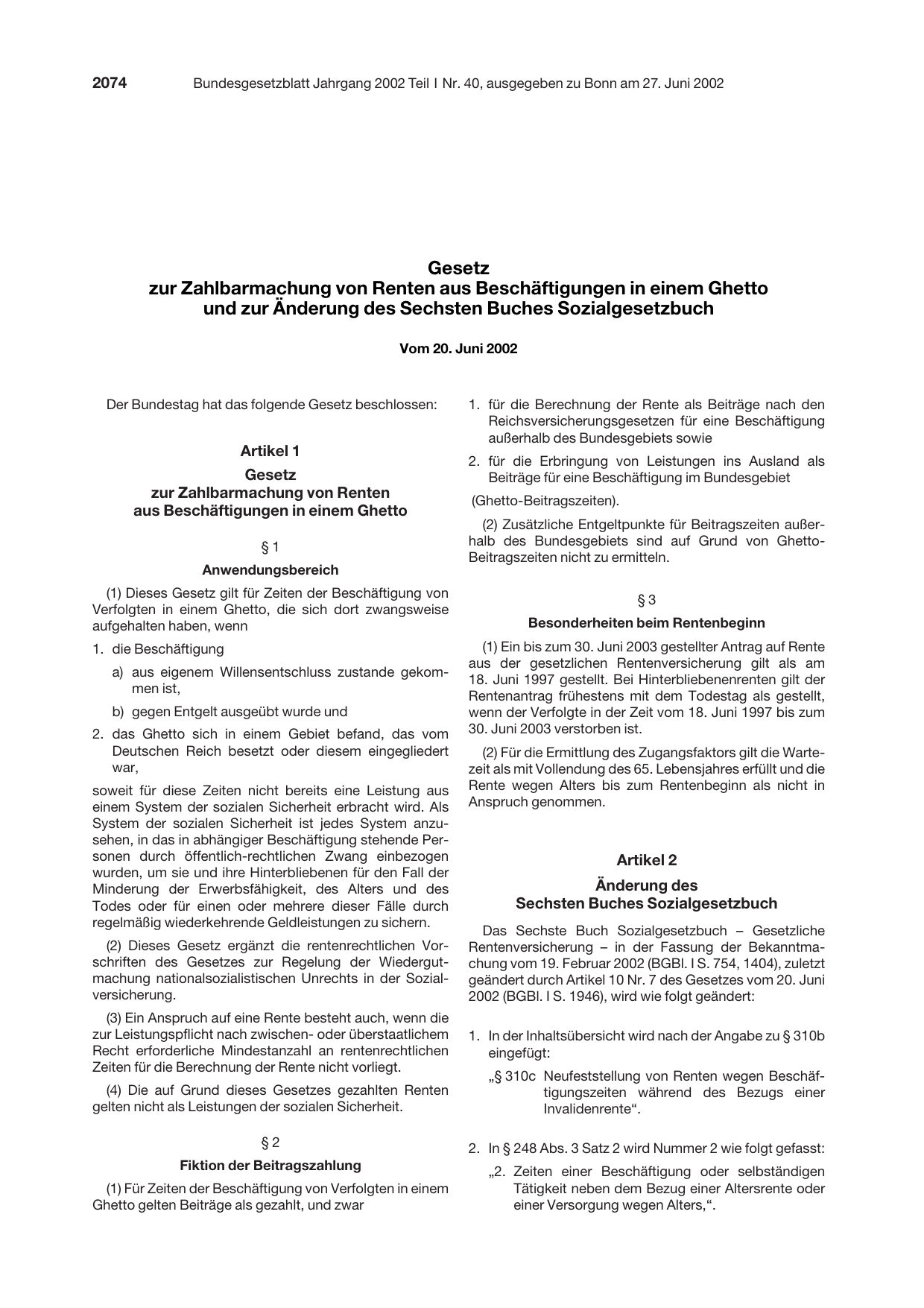 BGBl. 2002, Seite 2074 — Originalseite als Abbildung
