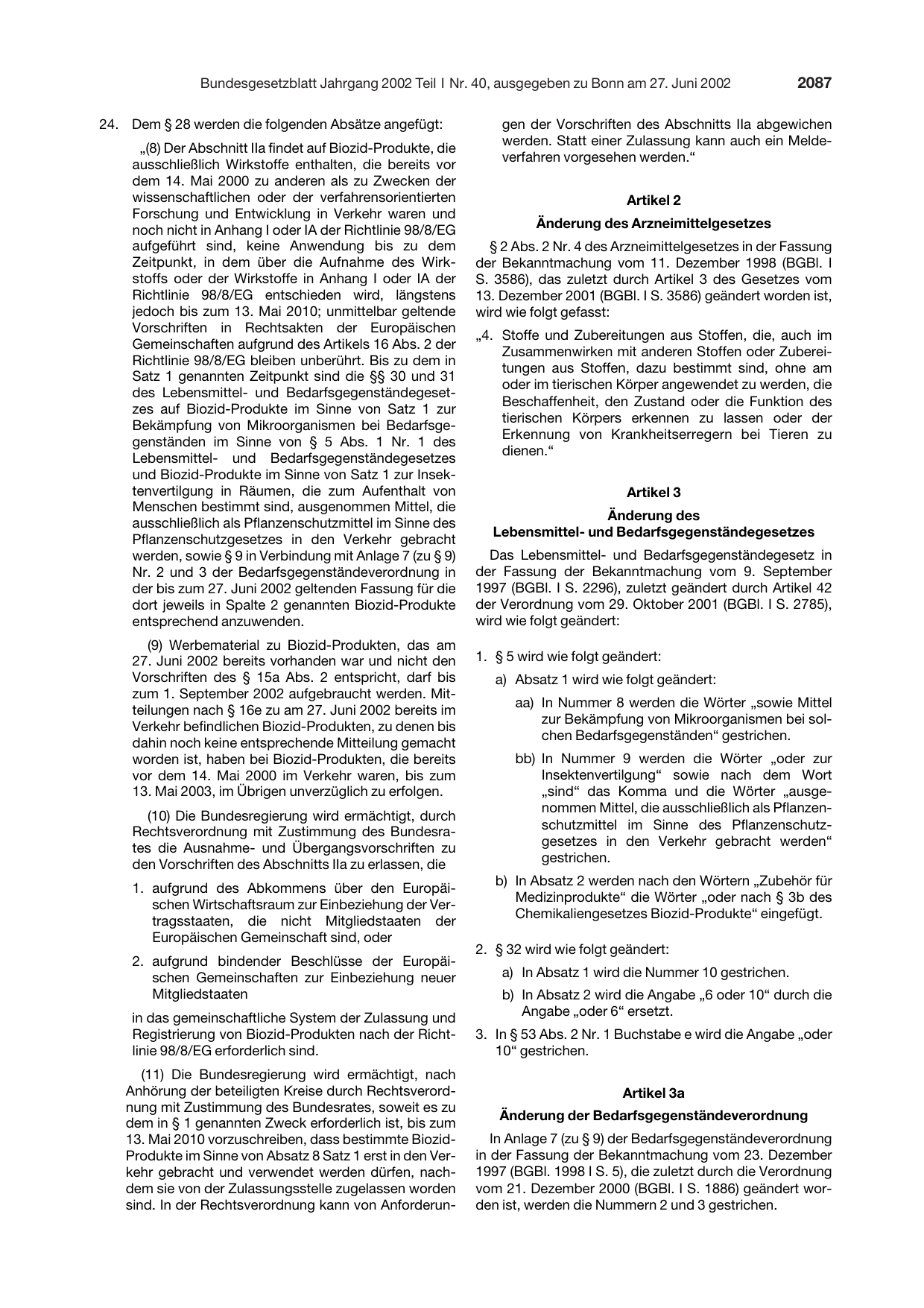 BGBl. 2002, Seite 2087 — Originalseite als Abbildung