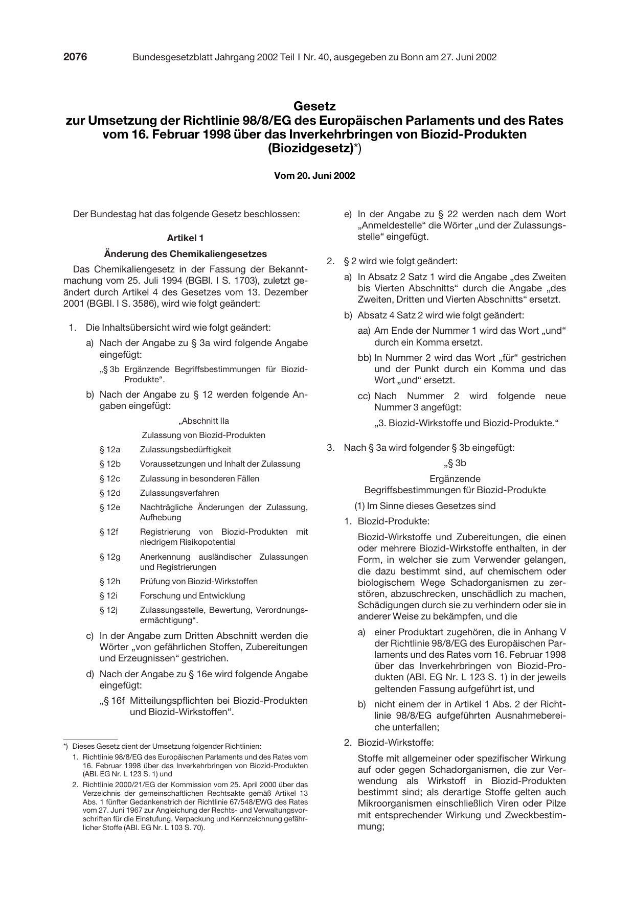 BGBl. 2002, Seite 2076 — Originalseite als Abbildung