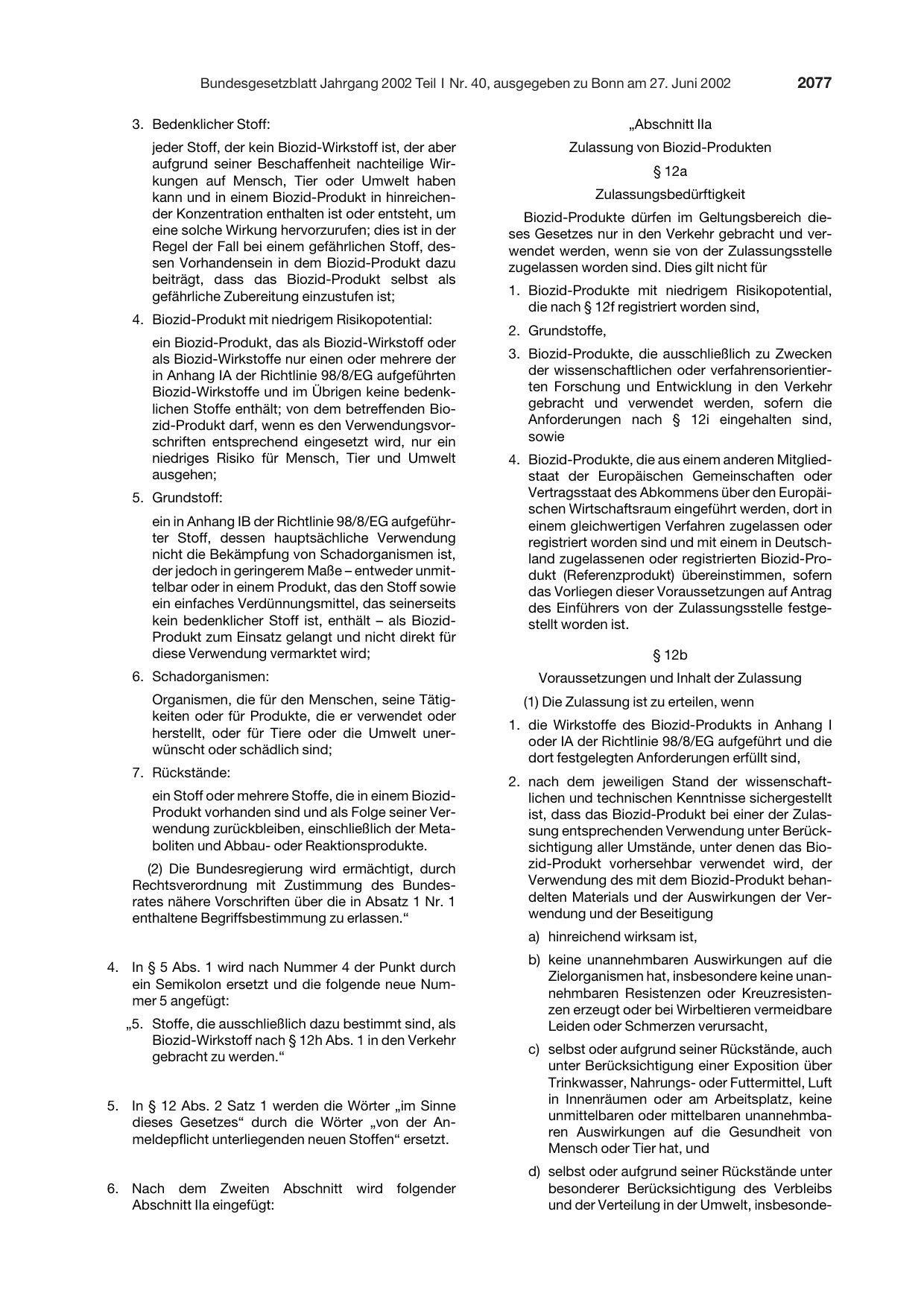 BGBl. 2002, Seite 2077 — Originalseite als Abbildung